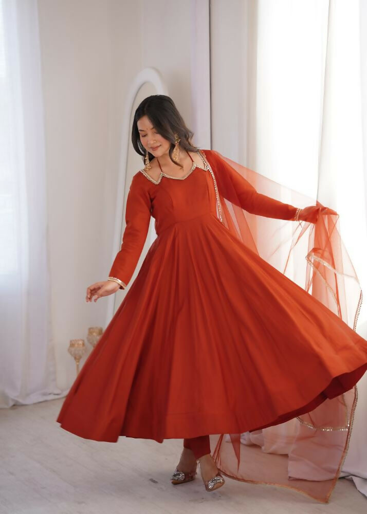 Lehenga Mart Designer Anarkali Suit With Kurta, Pant, Dupatta For Women-Rust