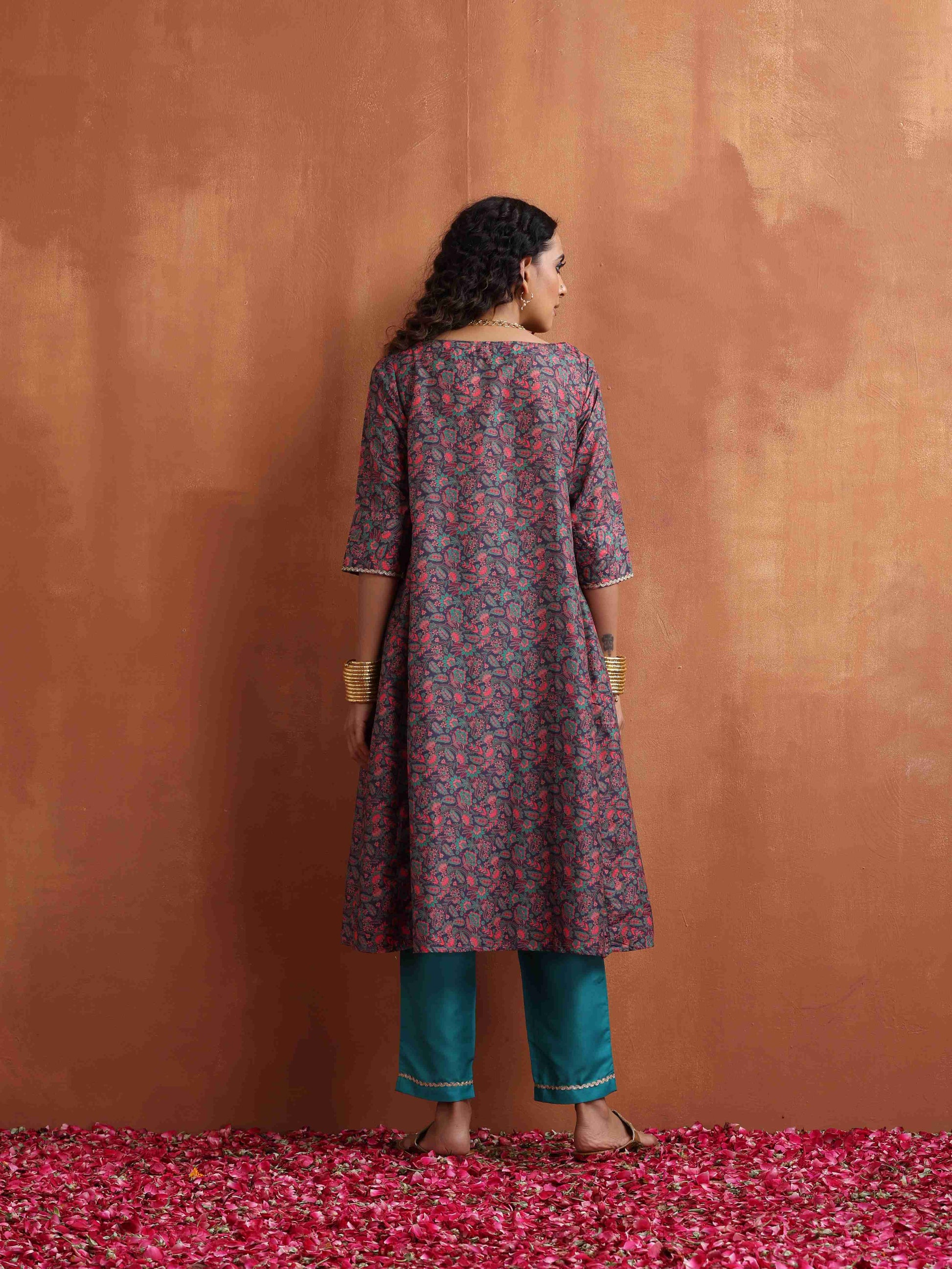 trueBrowns Purple Print A-line Kurta Set 