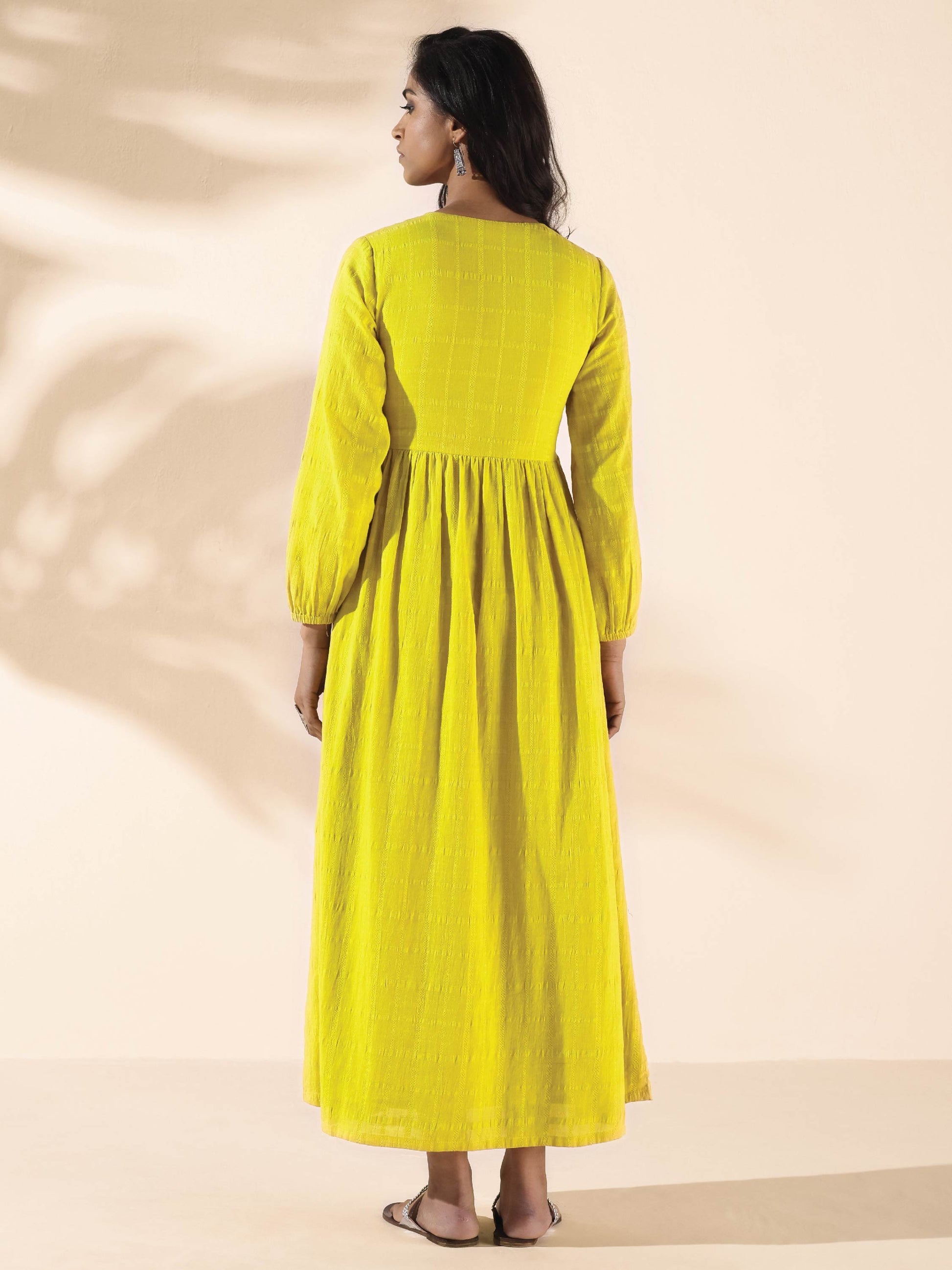 trueBrowns Lime Cotton Dobby Flared Dress 