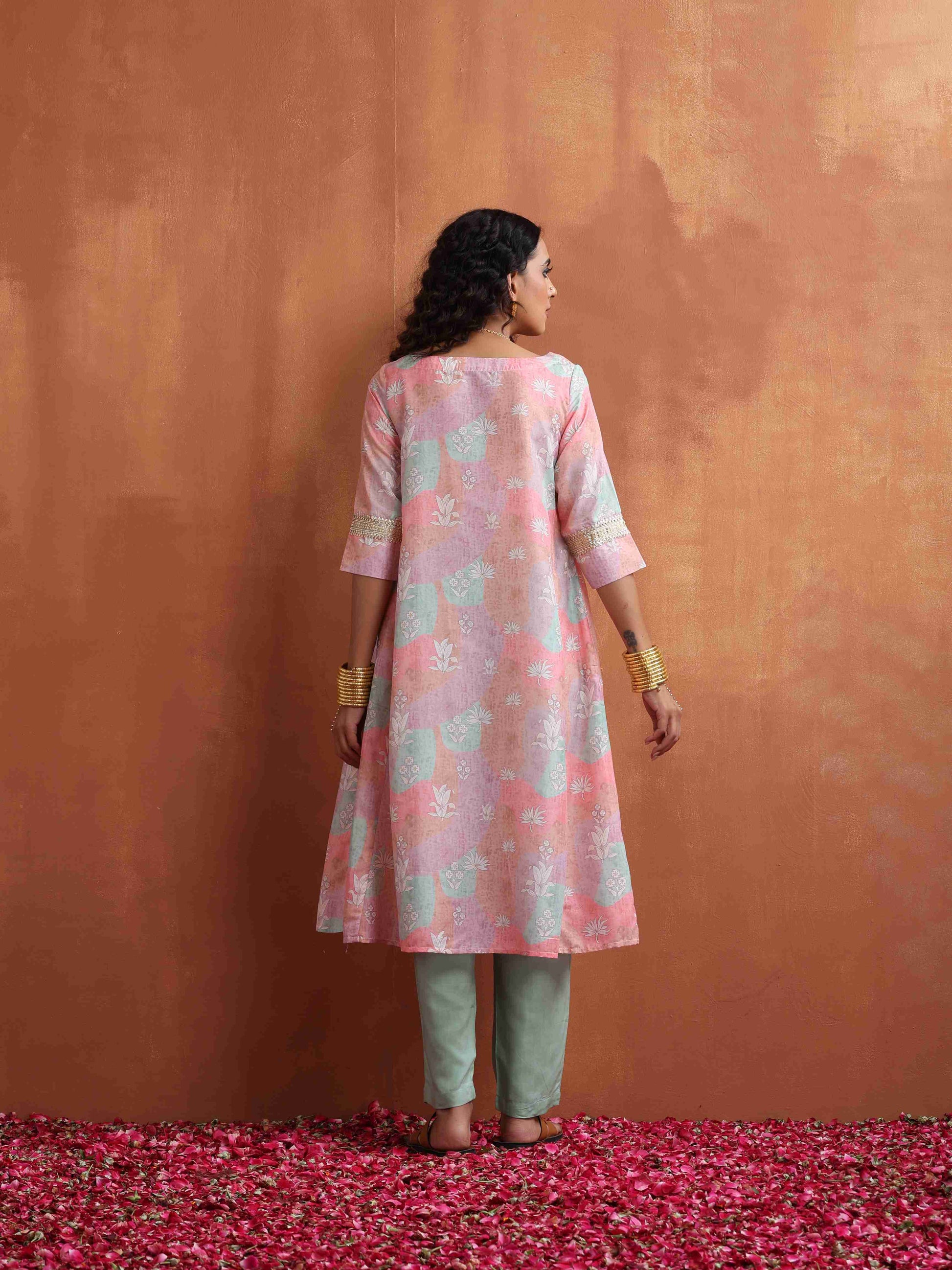 trueBrowns Beige Palm Print A-line Kurta Set 