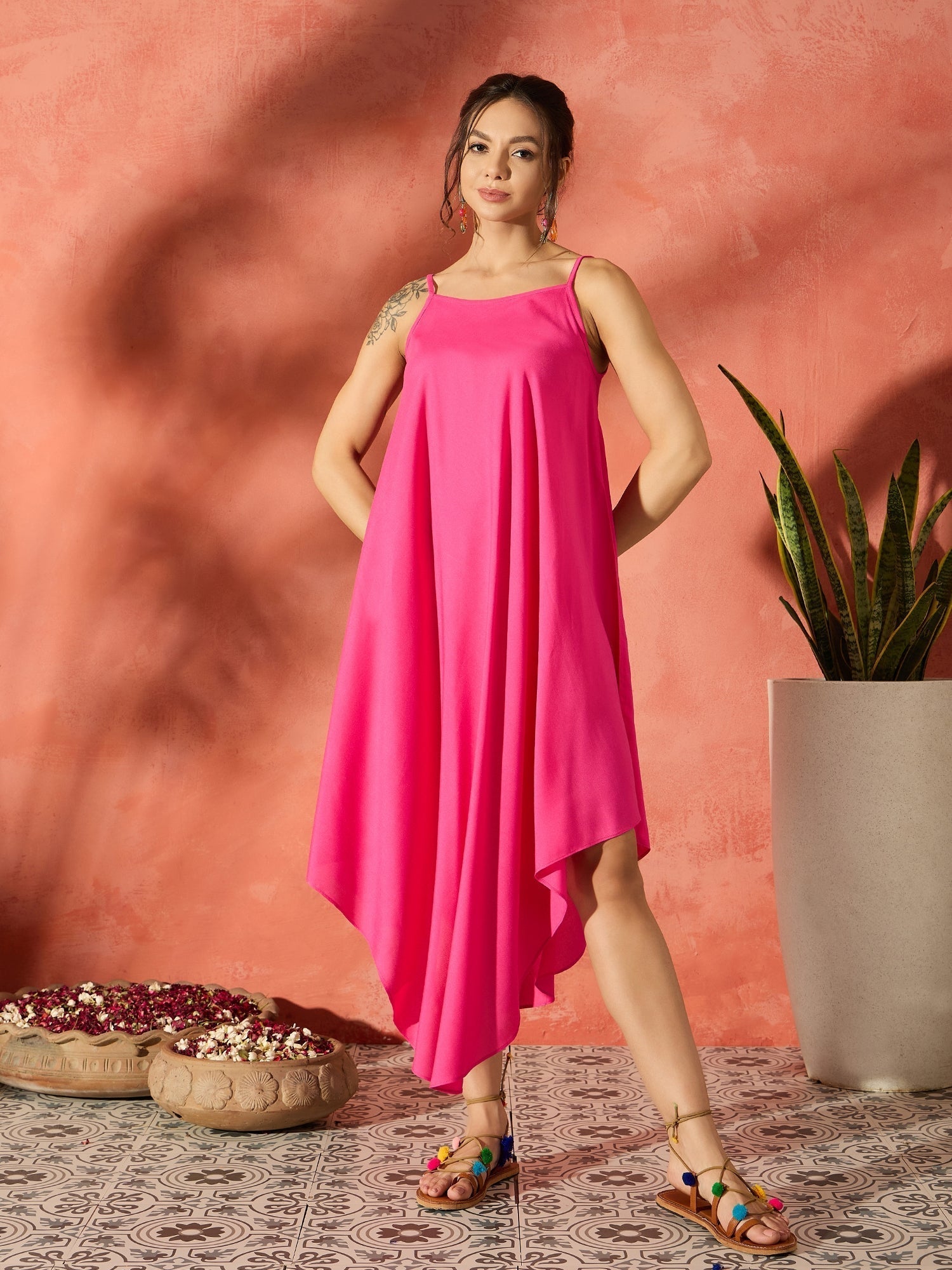 InWeave Black Floral Fuchsia Asymmetrical Dress 