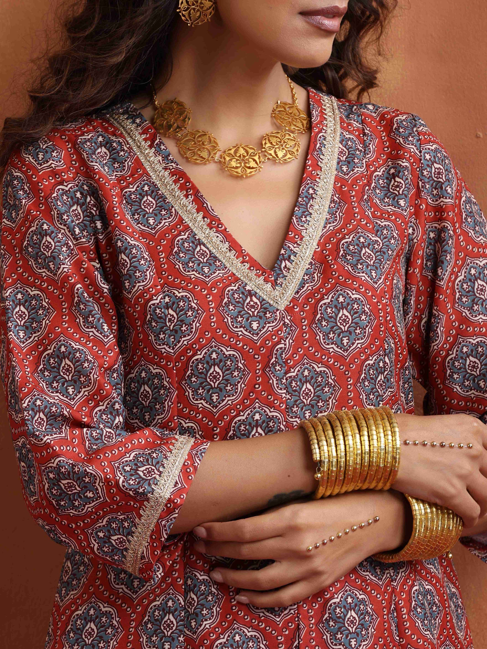 trueBrowns Rust Ajrak Print Slit Kurta Set 