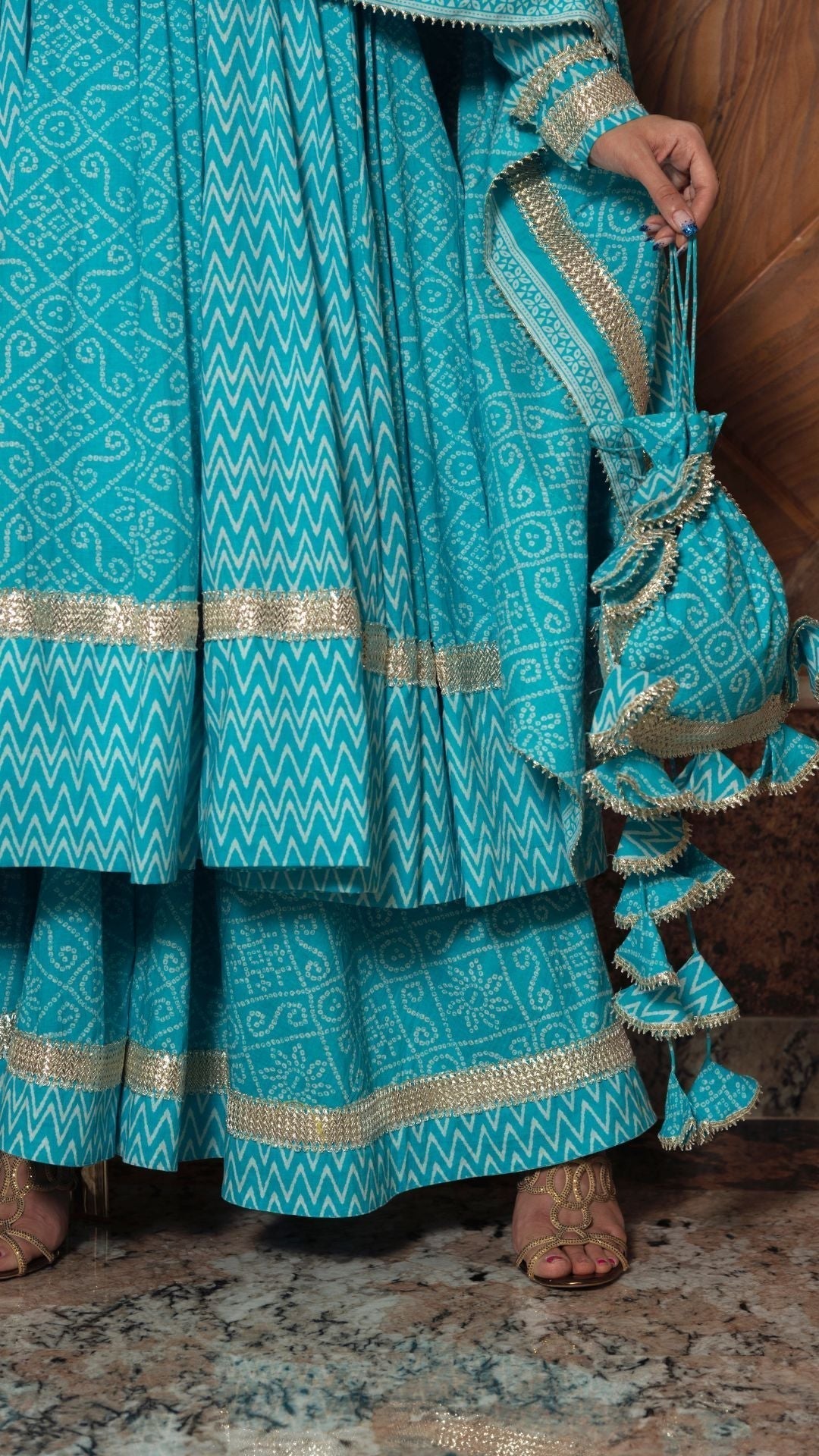 Pomcha Jaipur Neelkari Blue Cotton Anarkali Set 