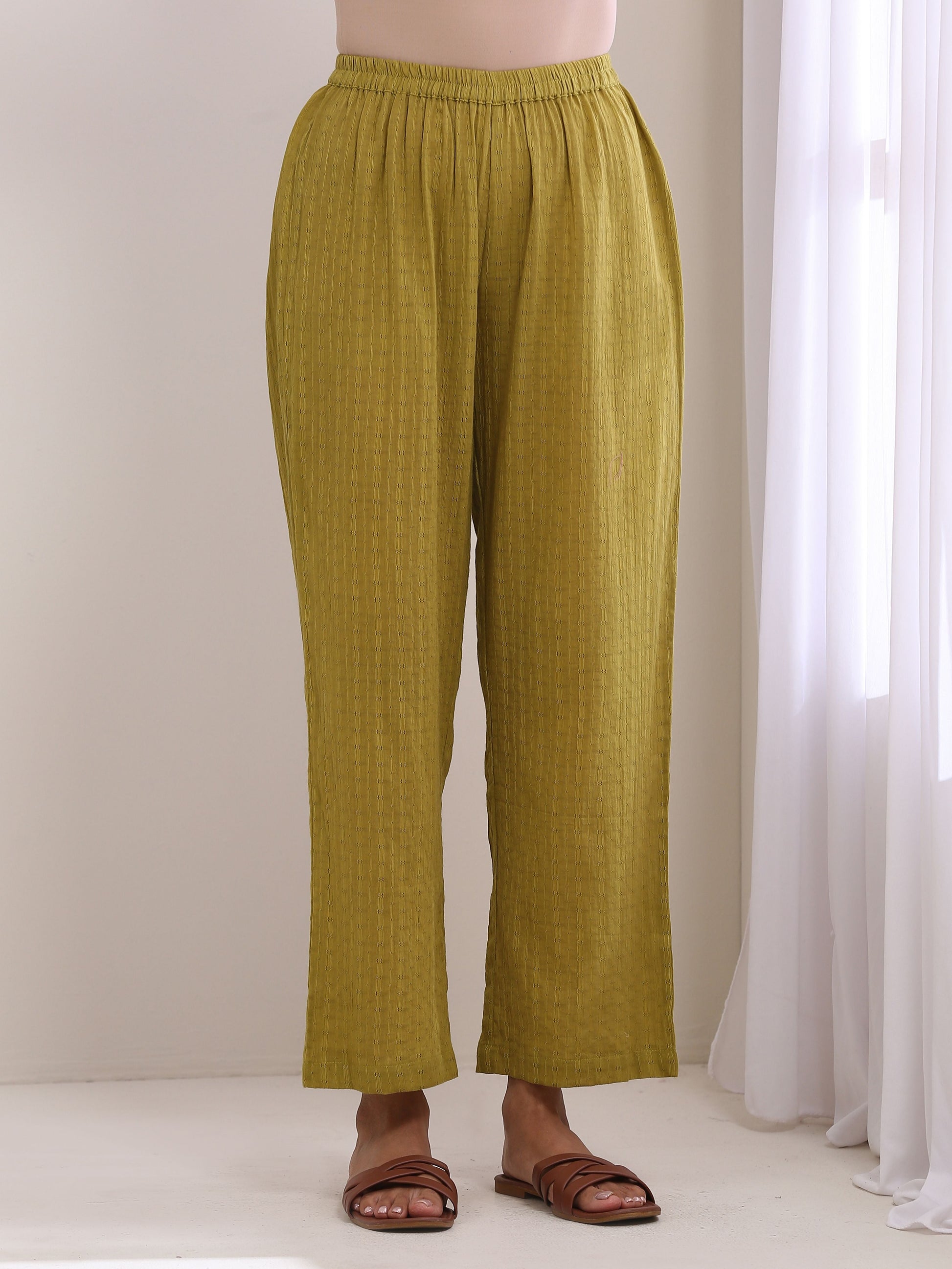trueBrowns Avacado Green Dobby Flared Slit Kurta Pant Set 
