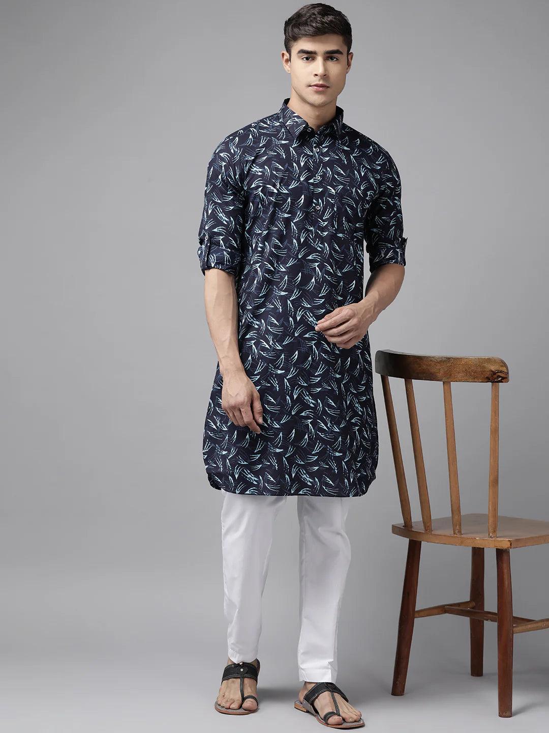 Fabmade Pure Cotton Pathani Kurta Print With Pyjama