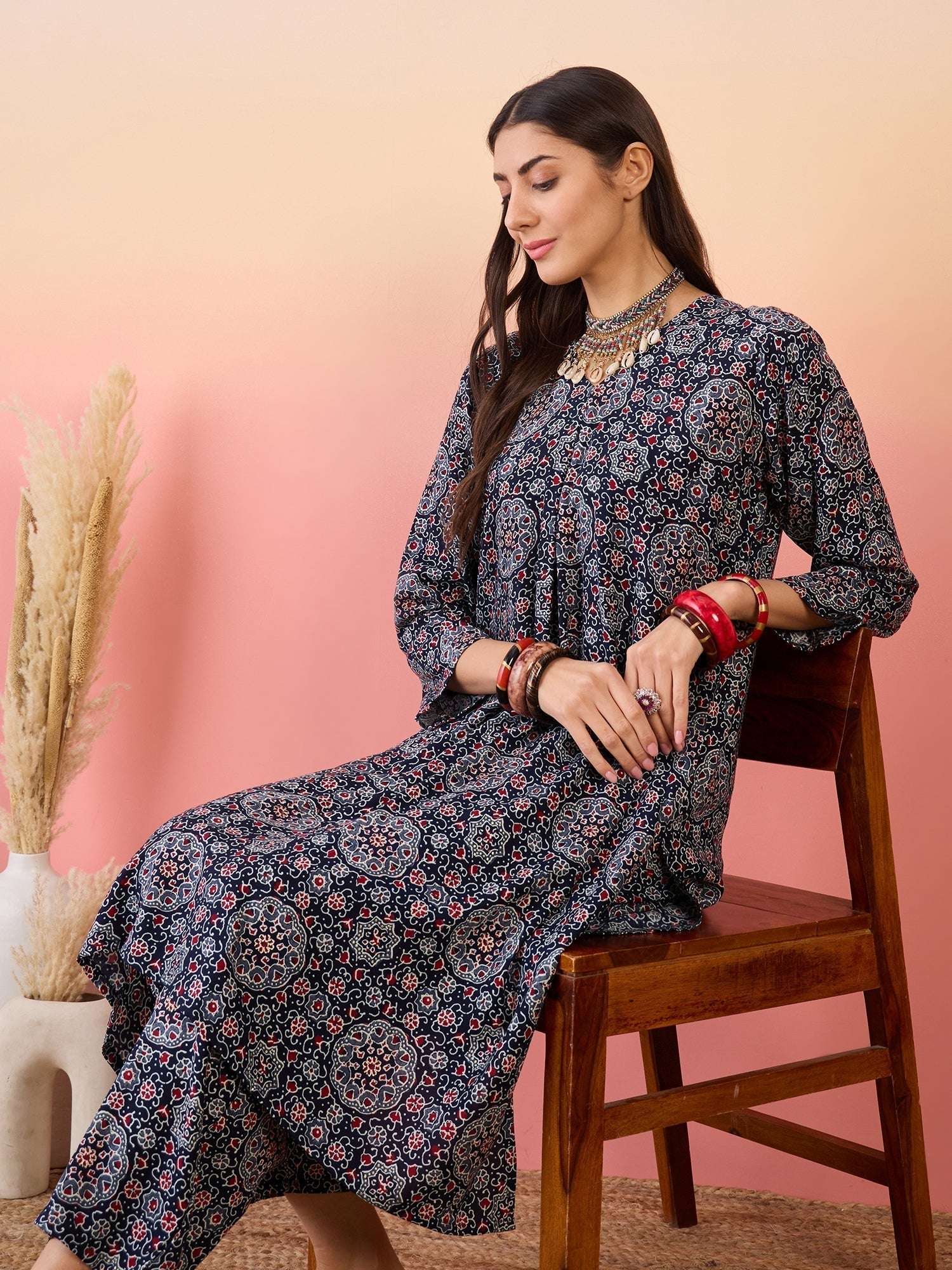 InWeave Navy Maroon Ajrakh Foil V Neck Kurta Pant Set 