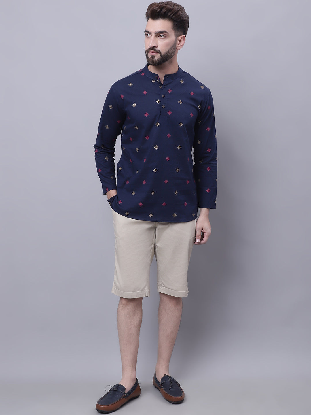 Even Apparels Blue Pure Cotton Short Kurta With Band Collar 