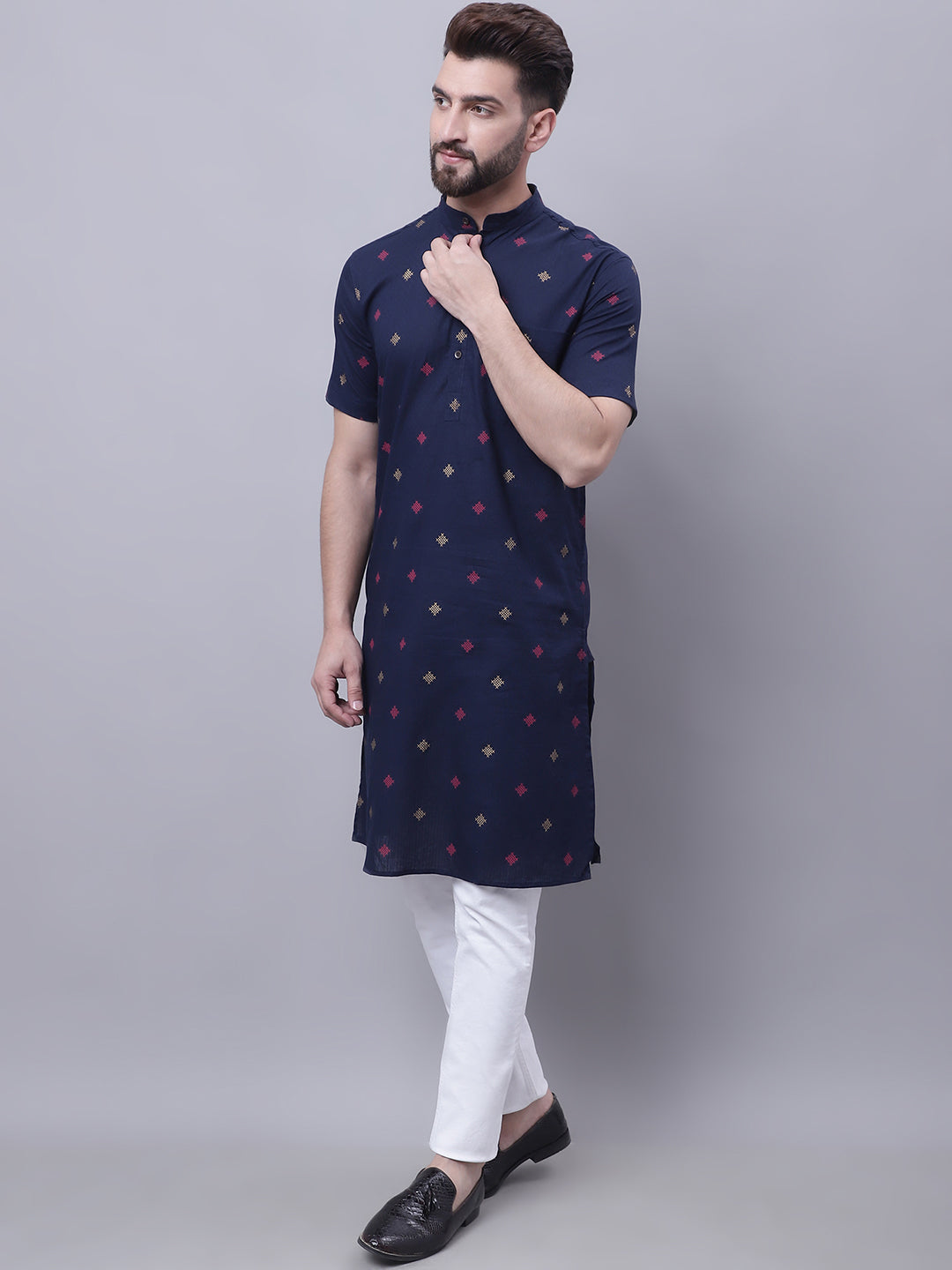 Even Apparels Blue Pure Cotton Short Sleeves Kurta With Band Collar 