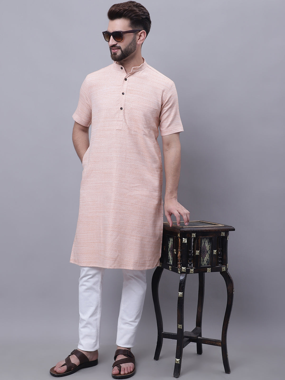 Even Apparels Peach Pure Cotton Short Sleeves Kurta With Band Collar 