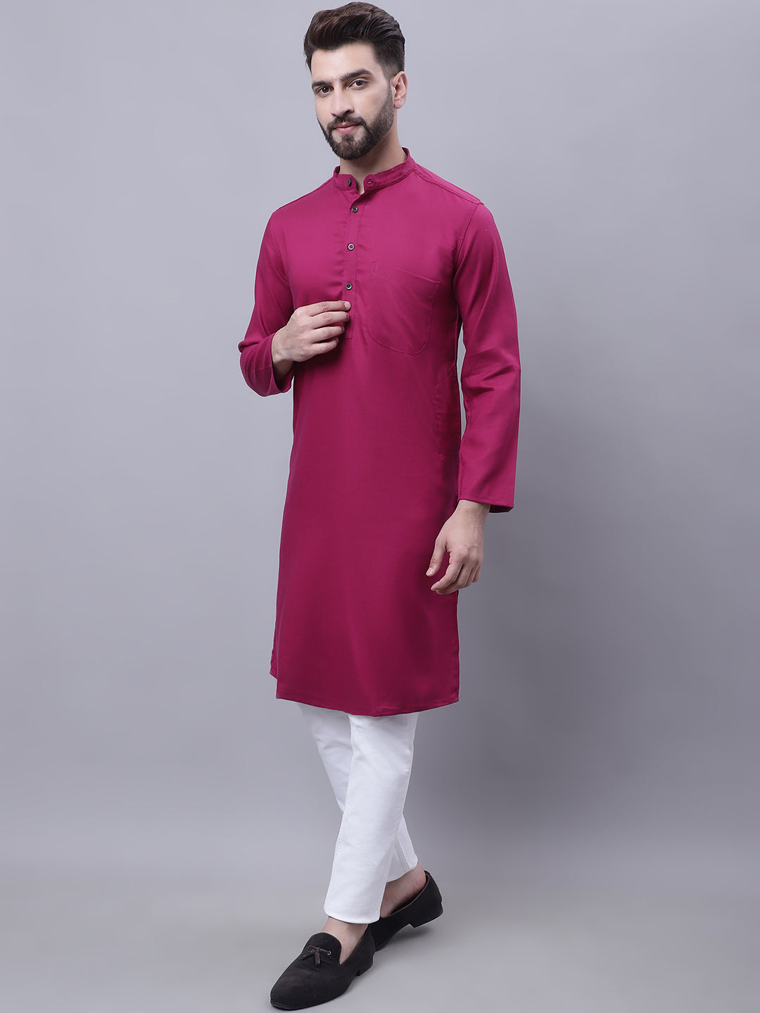 Even Apparels Wine Pure Cotton Kurta With Band Collar 