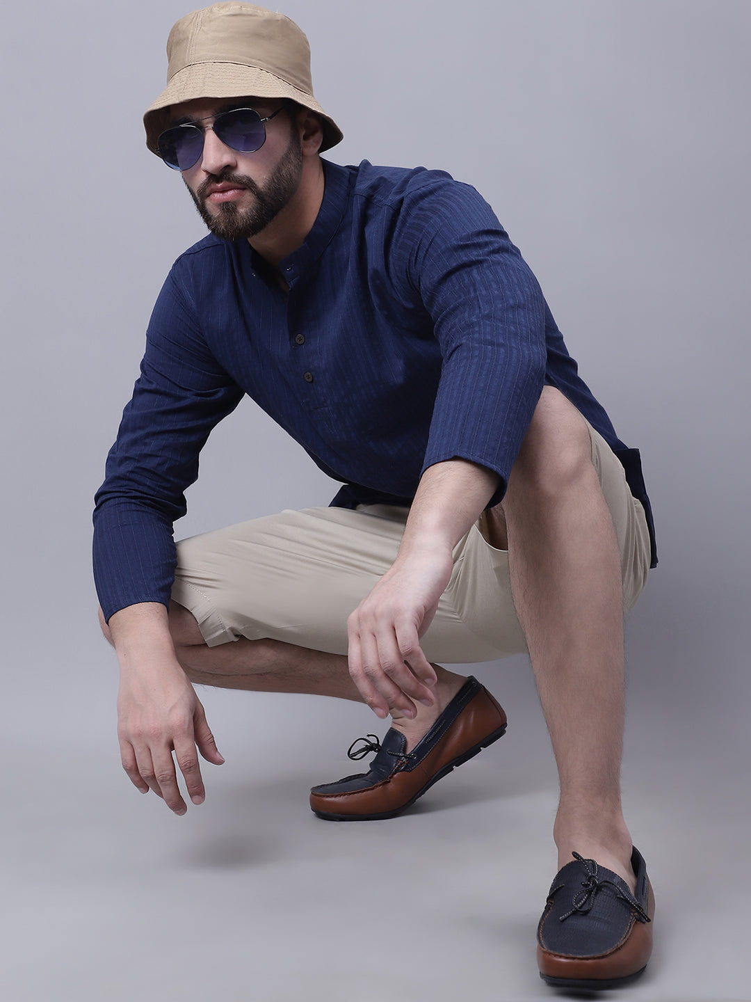 Even Apparels Blue Pure Cotton Short Kurta With Band Collar 