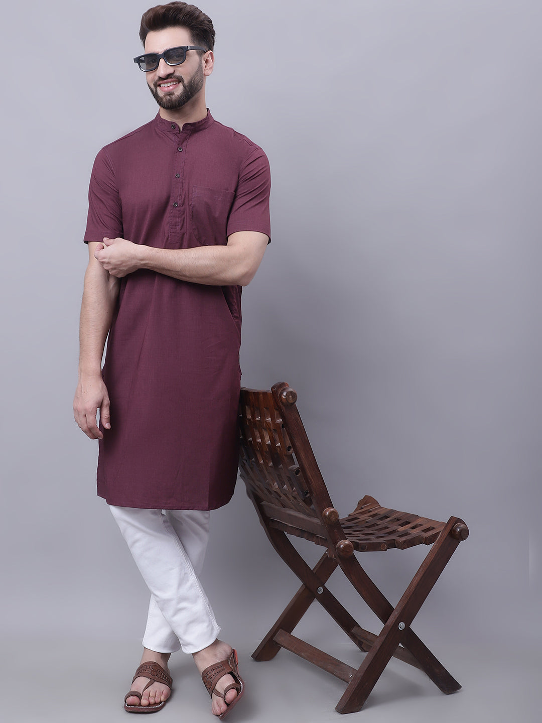 Even Apparels Wine Pure Cotton Short Sleeves Kurta With Band Collar 