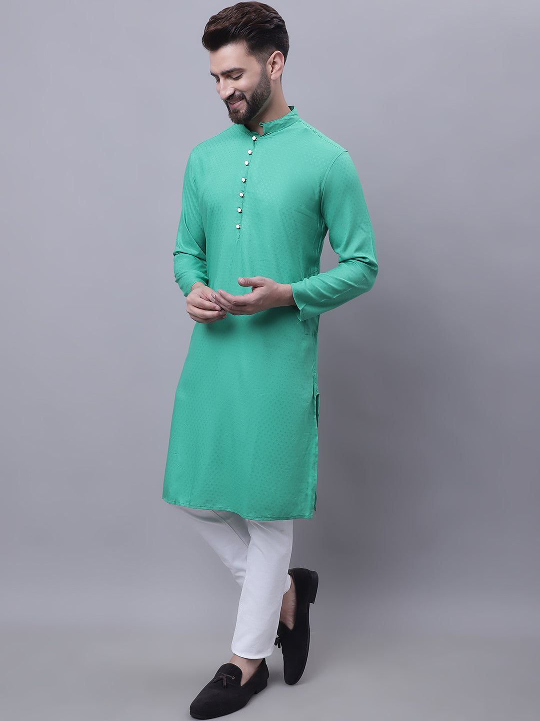 Even Apparels Green Kurta With Band Collar 