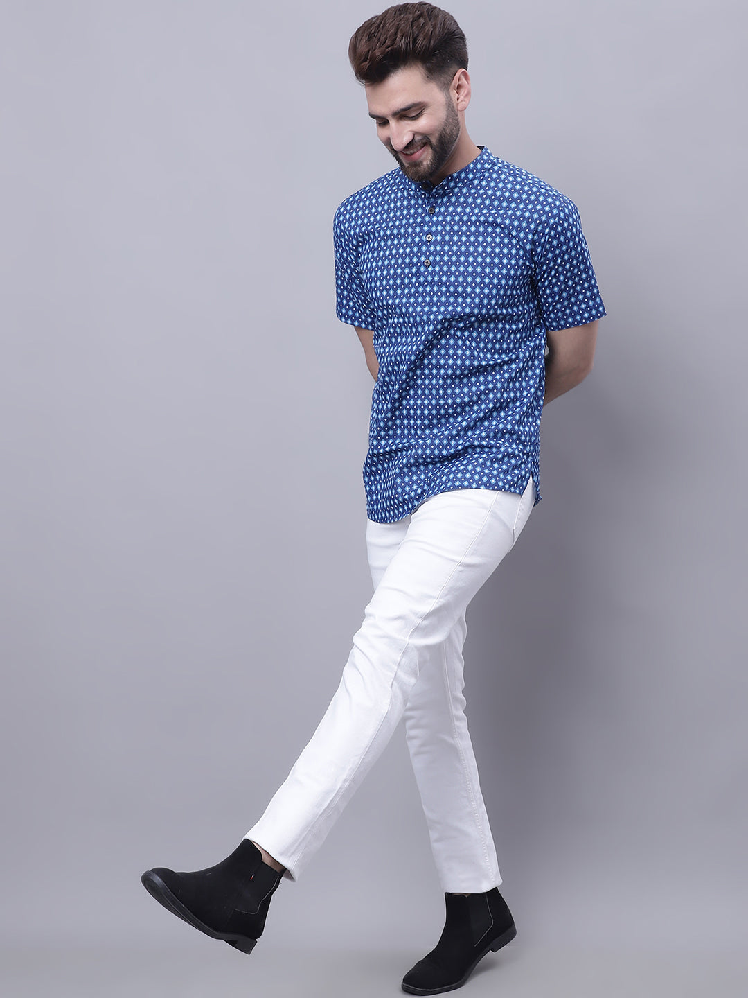 Even Apparels Blue Pure Cotton Short Kurta With Band Collar 