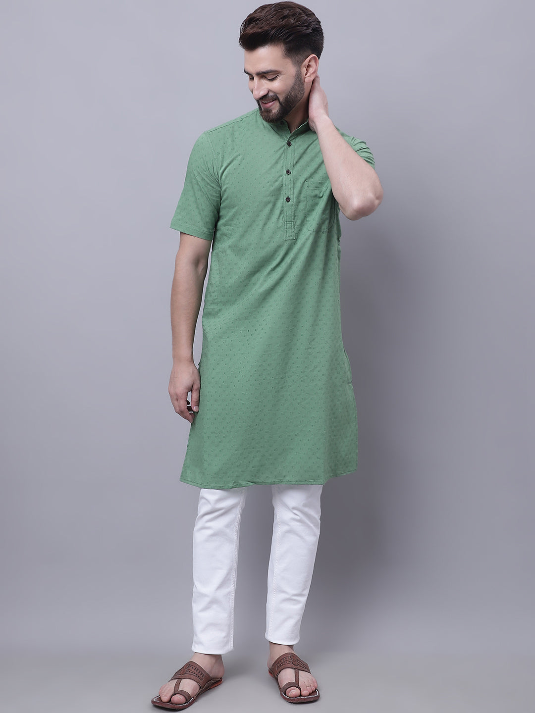 Even Apparels Green Pure Cotton Short Sleeves Kurta With Band Collar 