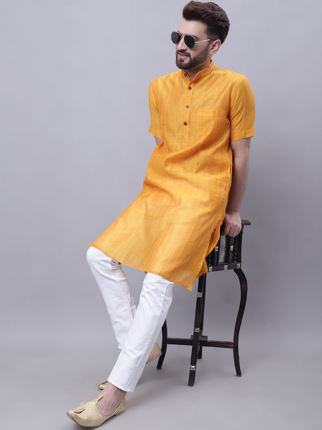 Even Apparels Yellow Pure Cotton Short Sleeves Kurta With Band Collar 