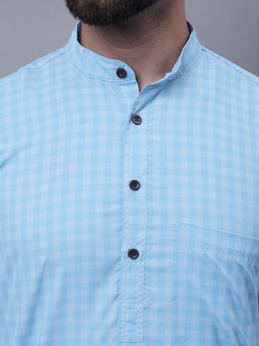 Even Apparels Blue Pure Cotton Short Sleeves Kurta With Band Collar 