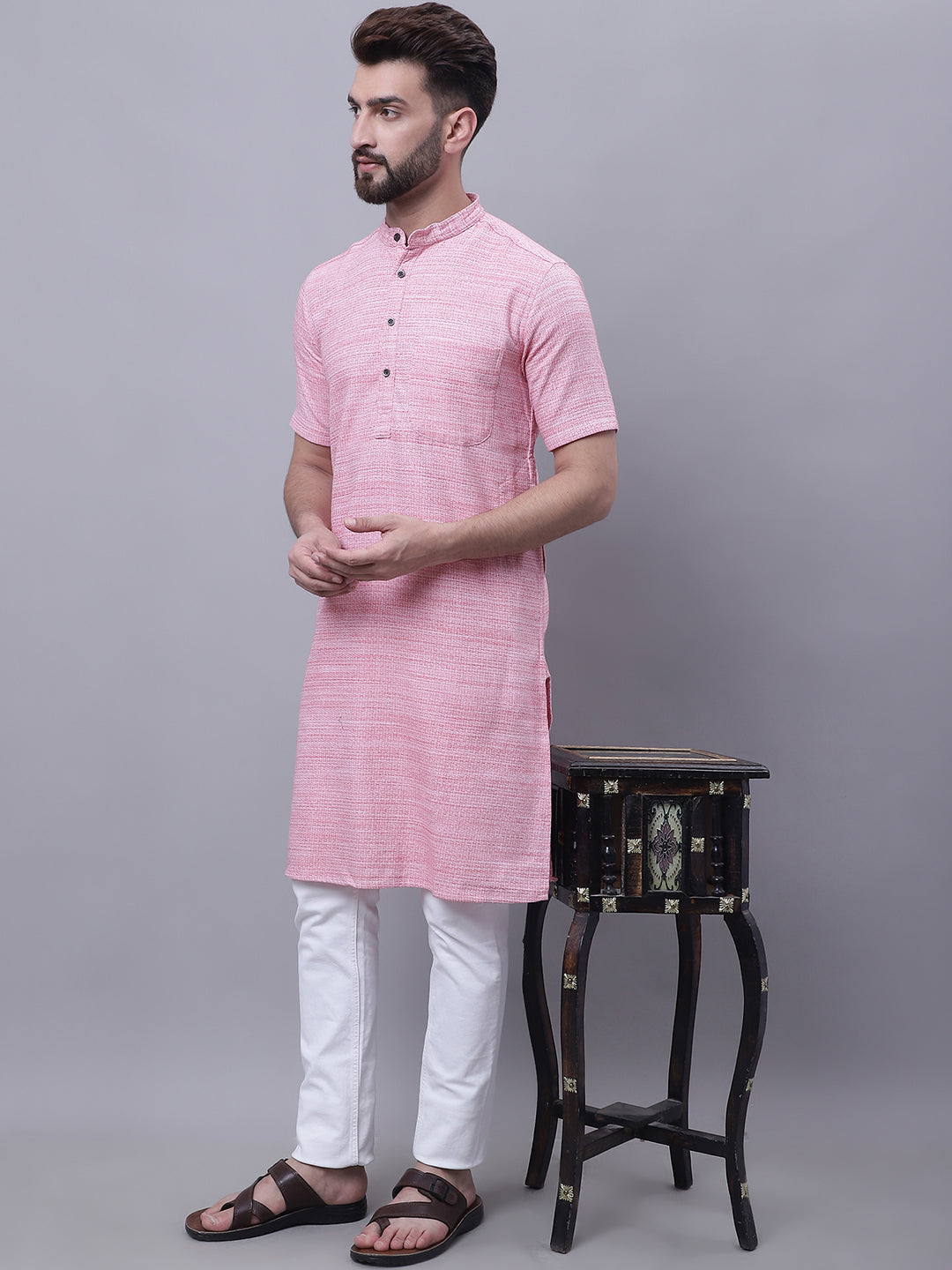 Even Apparels Pink Pure Cotton Short Sleeves Kurta With Band Collar 