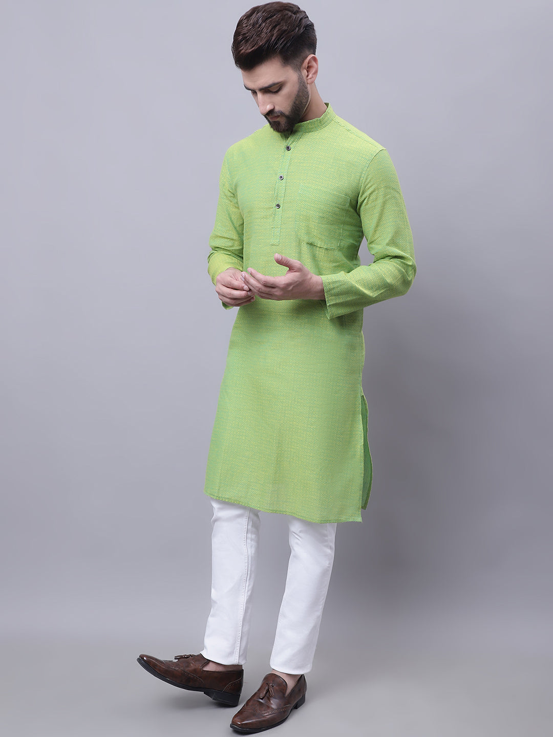 Even Apparels Green Pure Cotton Kurta With Band Collar 