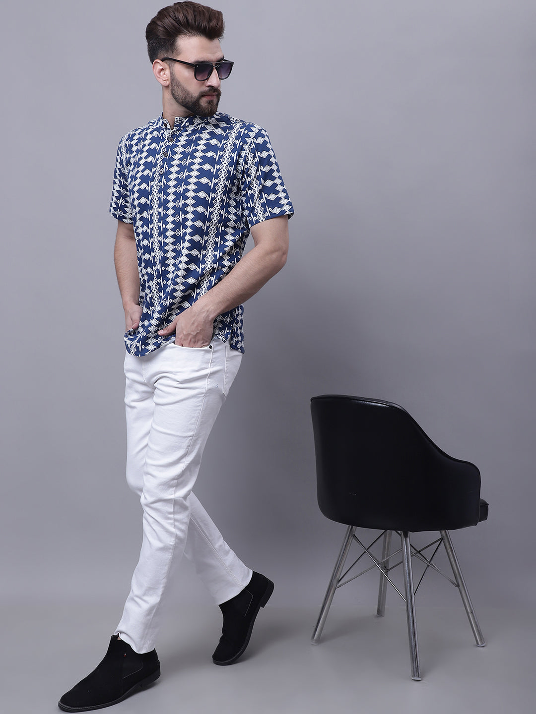 Even Apparels Blue Pure Cotton Short Kurta With Band Collar 
