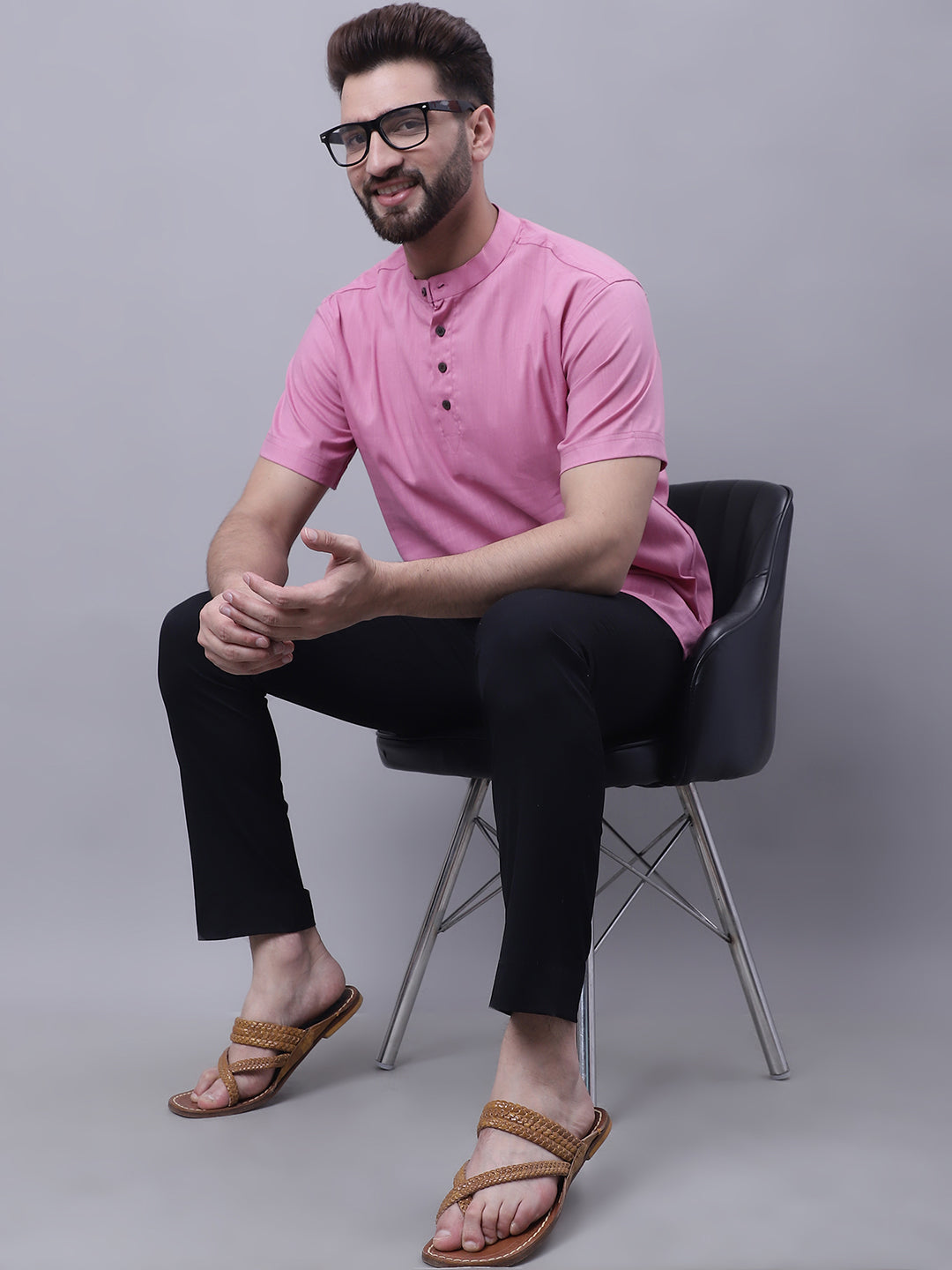 Even Apparels Pink Pure Cotton Short Kurta With Band Collar 