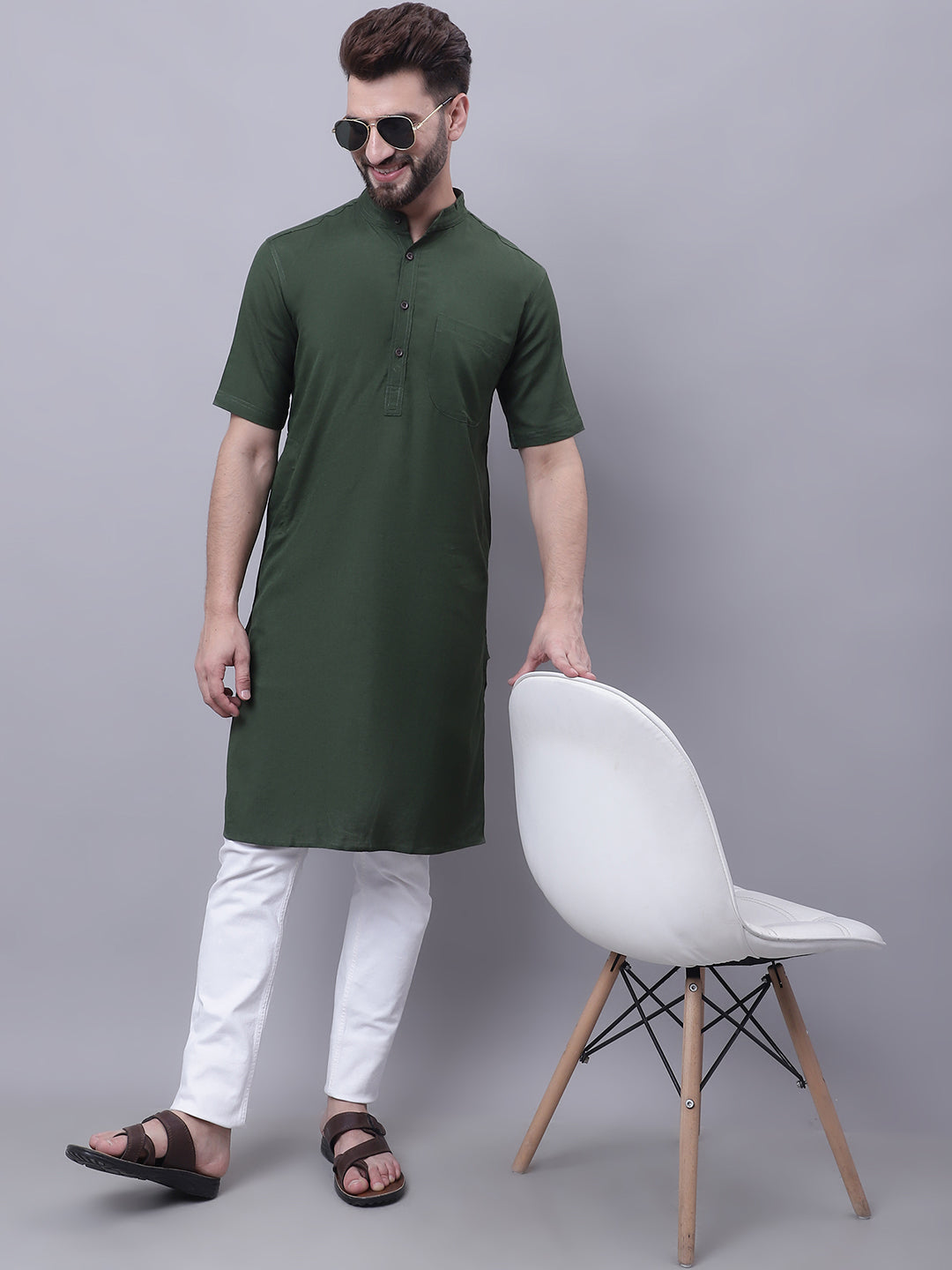 Even Apparels Green Pure Cotton Short Sleeves Kurta With Band Collar 