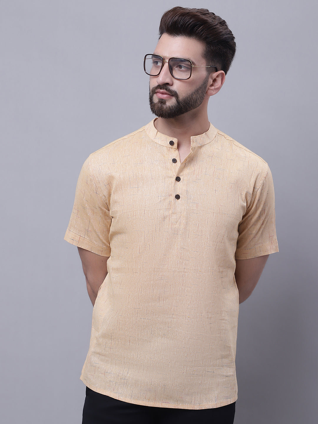 Even Apparels Beige Pure Cotton Short Kurta With Band Collar 