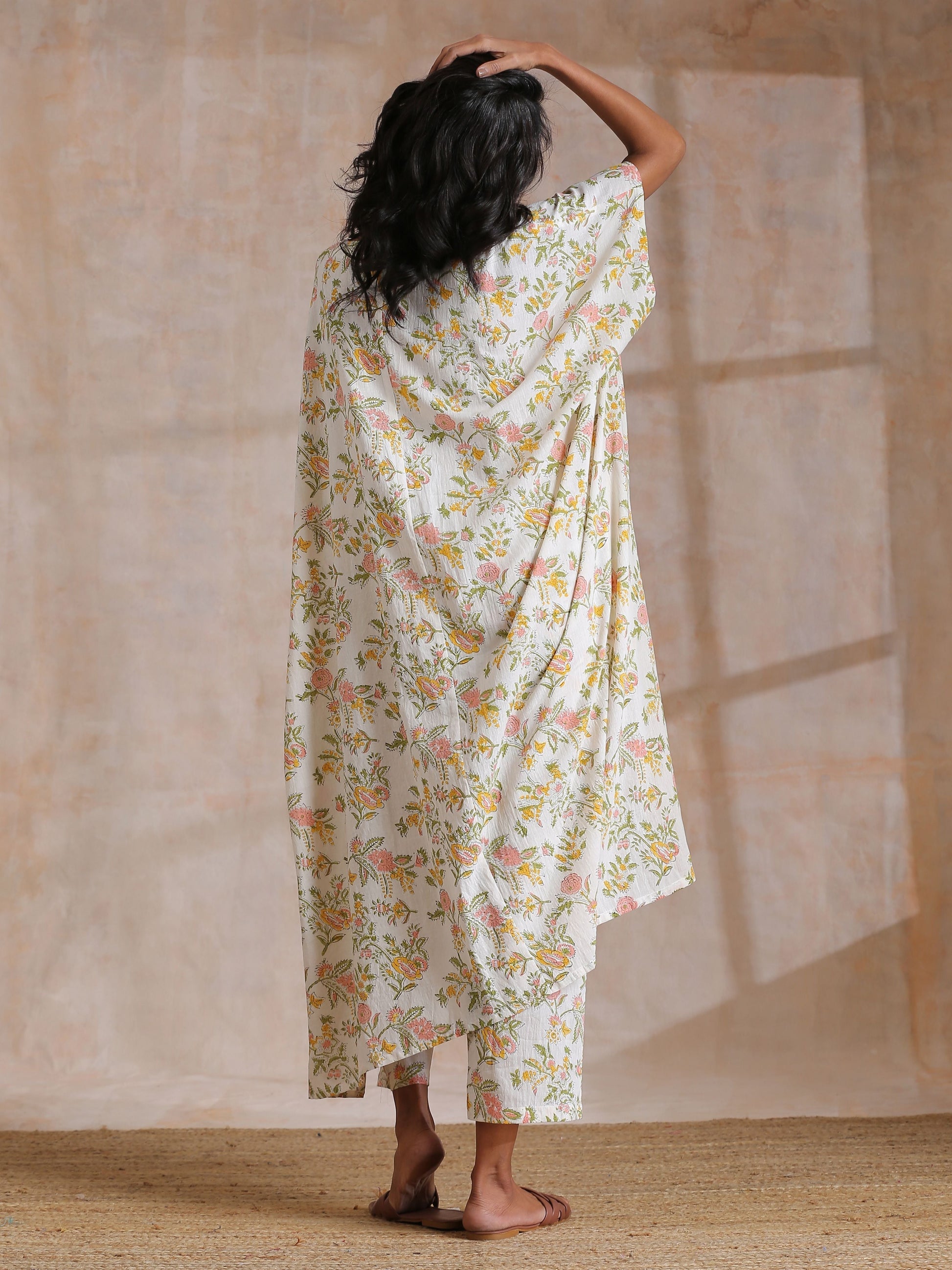 trueBrowns Pink Yellow Floral On White Block Print Cotton Panel Kaftan Kurta Pant Set 