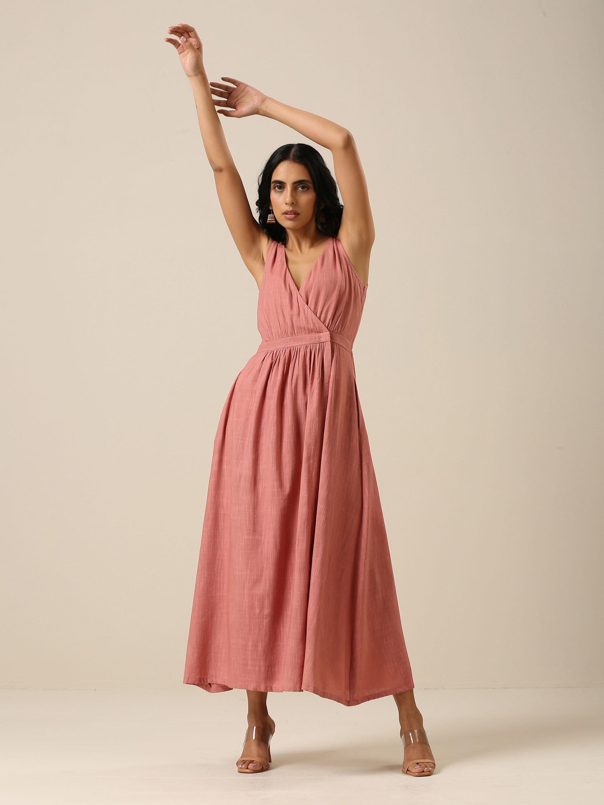 trueBrowns Light Mauve Slub Texture Sleeveless Wrap Dress 