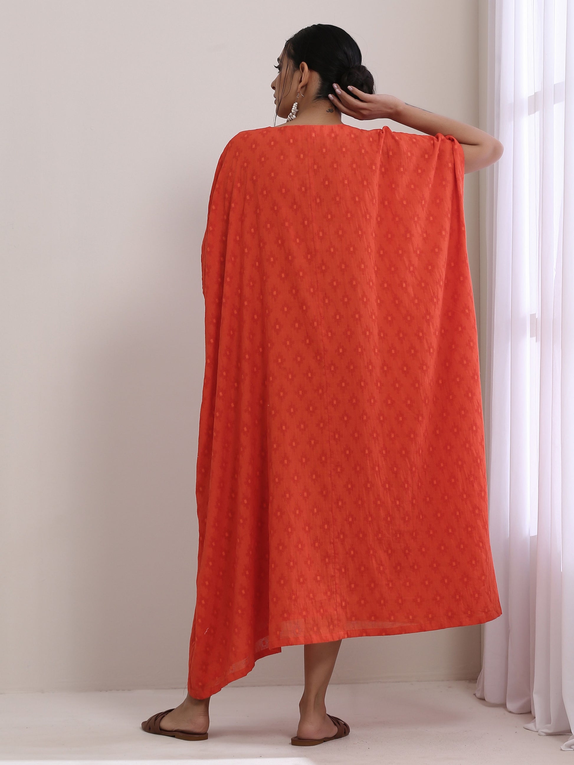 trueBrowns Orange Dobby Panel Kaftan Dress 