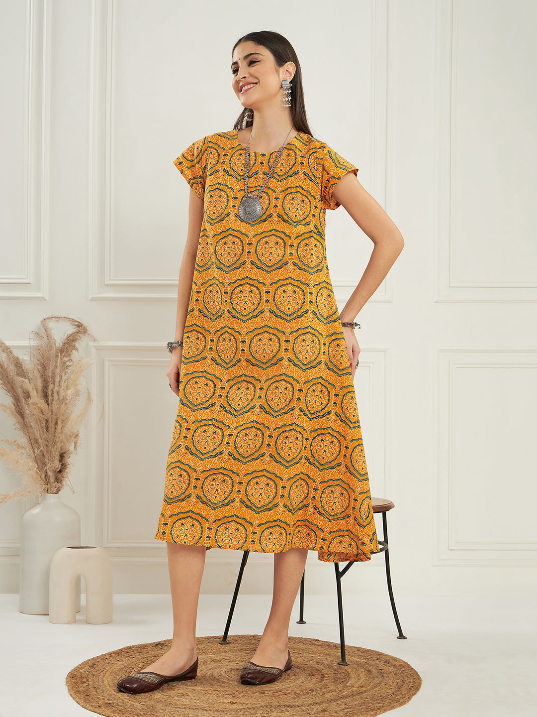 InWeave Women's Haldi Yellow Mughal Kalamkari A Line Dress 