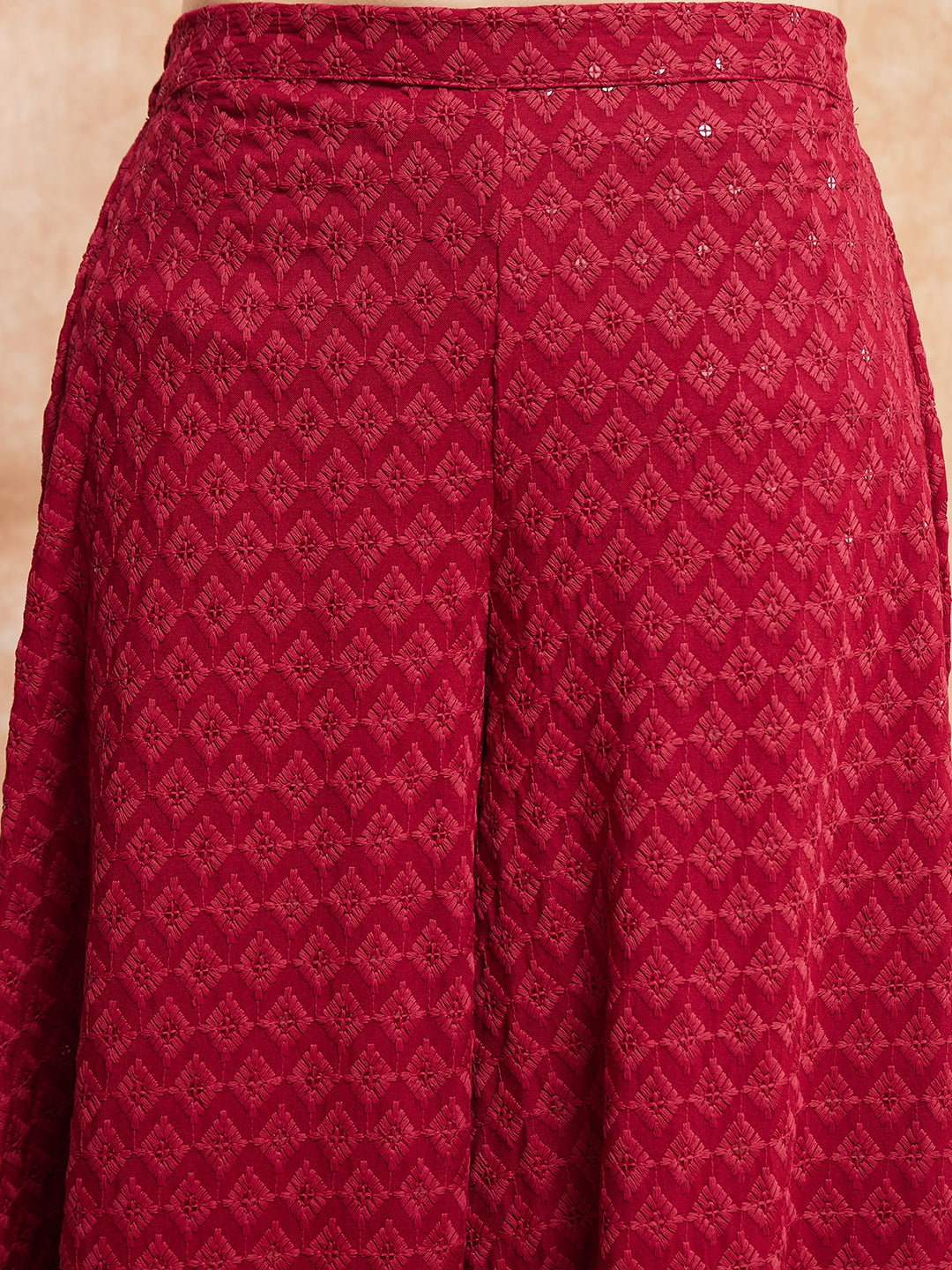InWeave Women's Maroon Chikankari Long Anarkali Kurta Sharara Set 