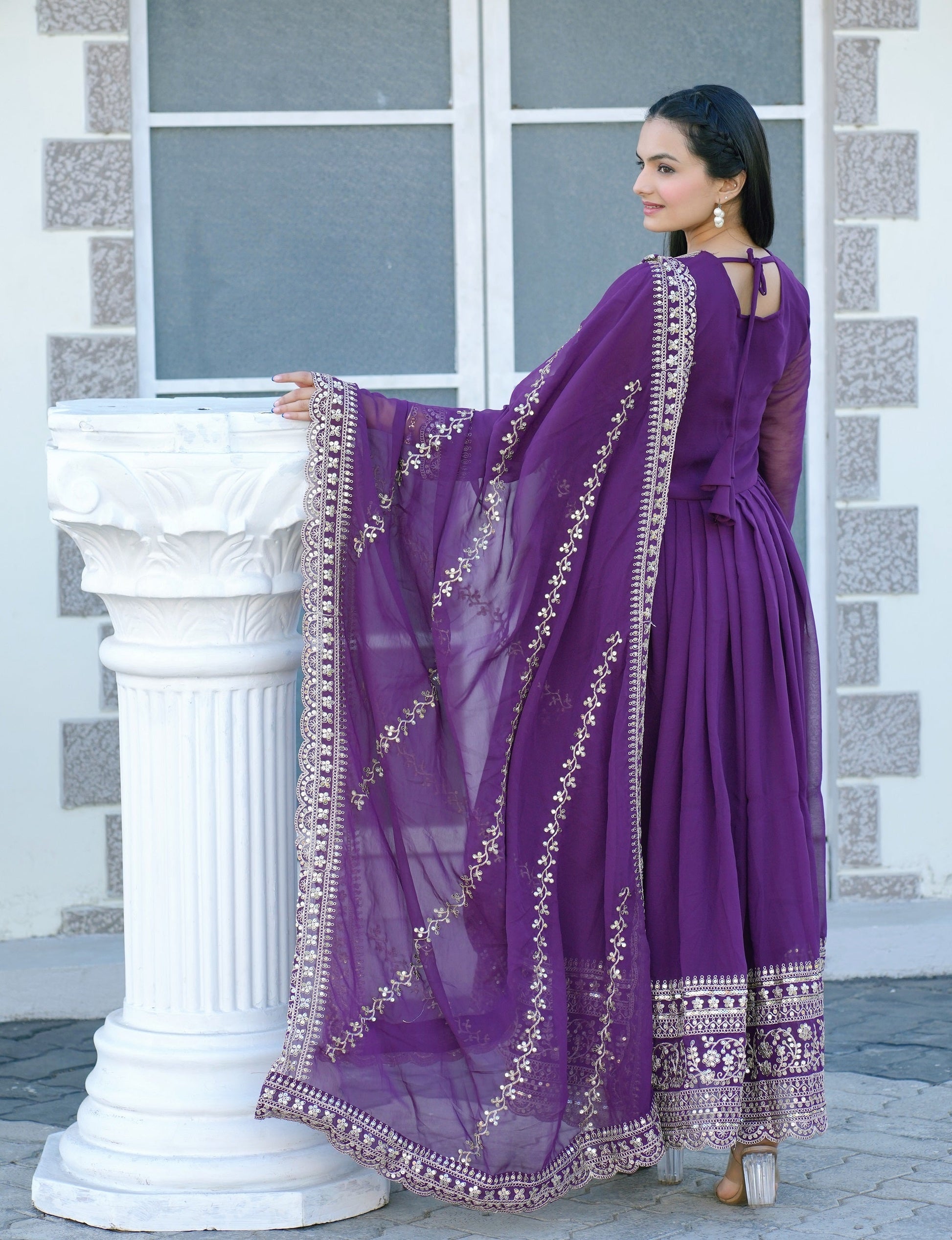 Teeya Creation Purple Color Georgette Silk Heavy Embroidery Work Fully Stitched Gown Set