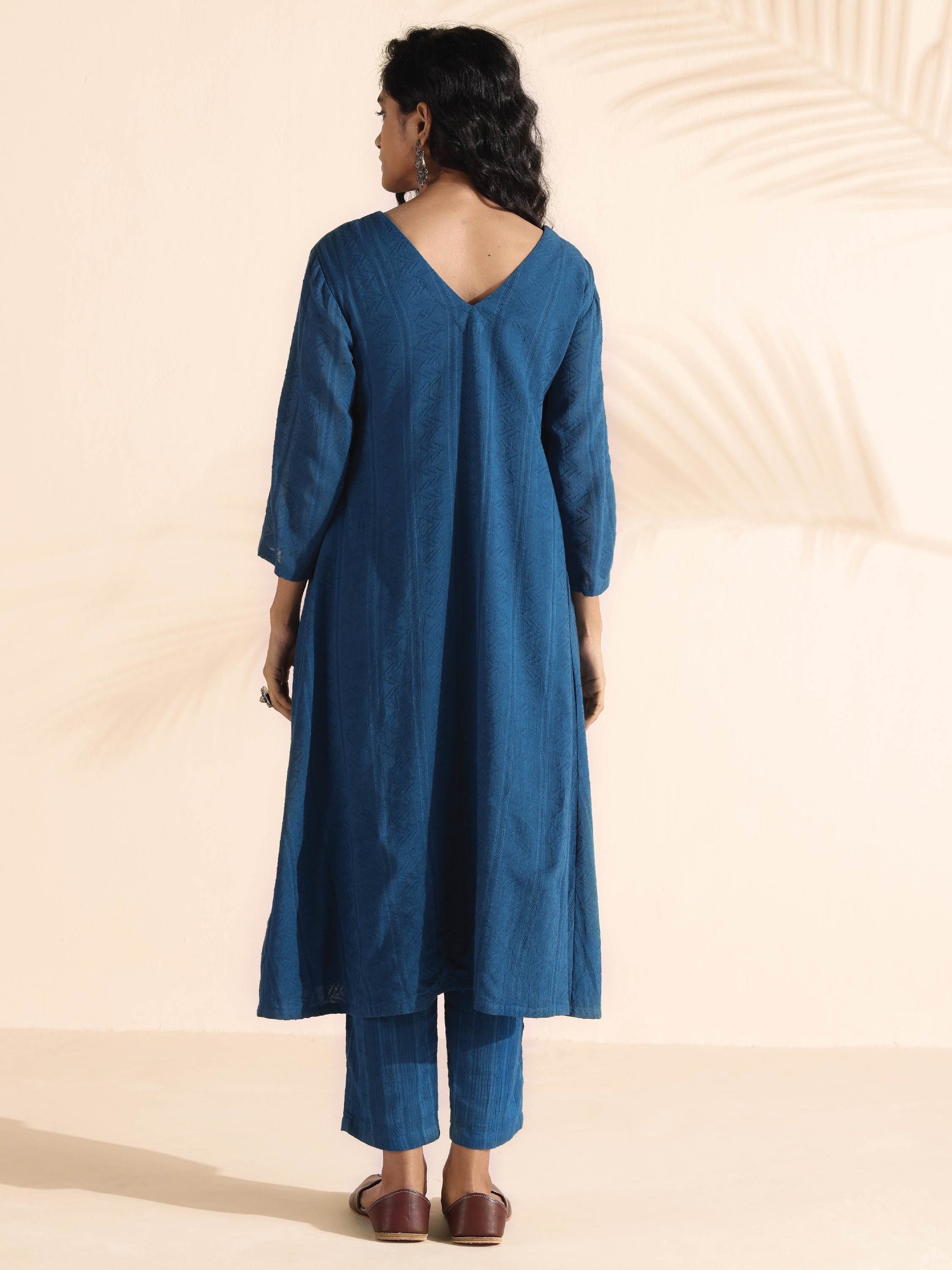 trueBrowns Blue Cotton Dobby Flared Kurta Pant Set 