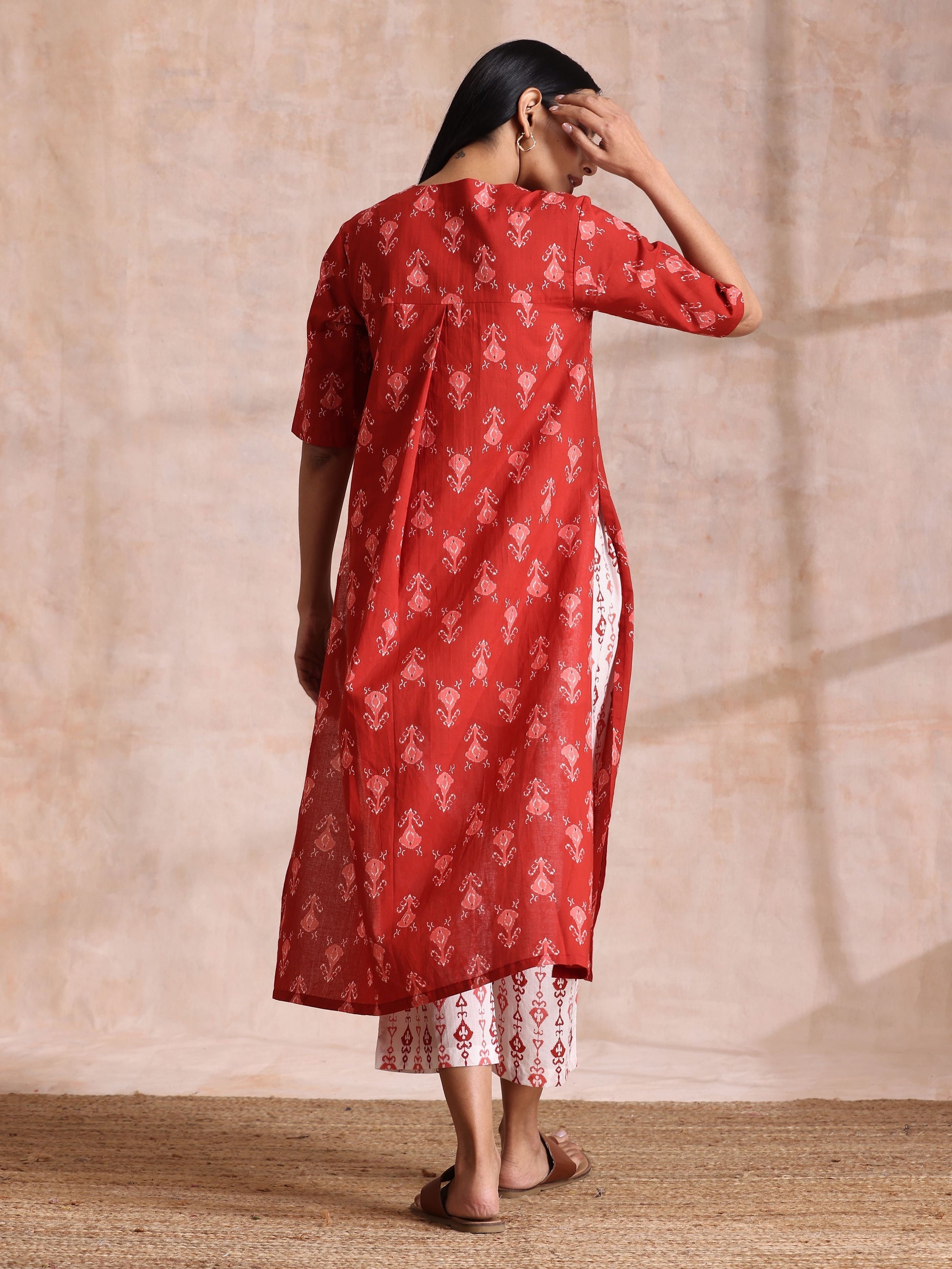 trueBrowns Red On Red Ikat Print Cotton Kurta Pant Set 