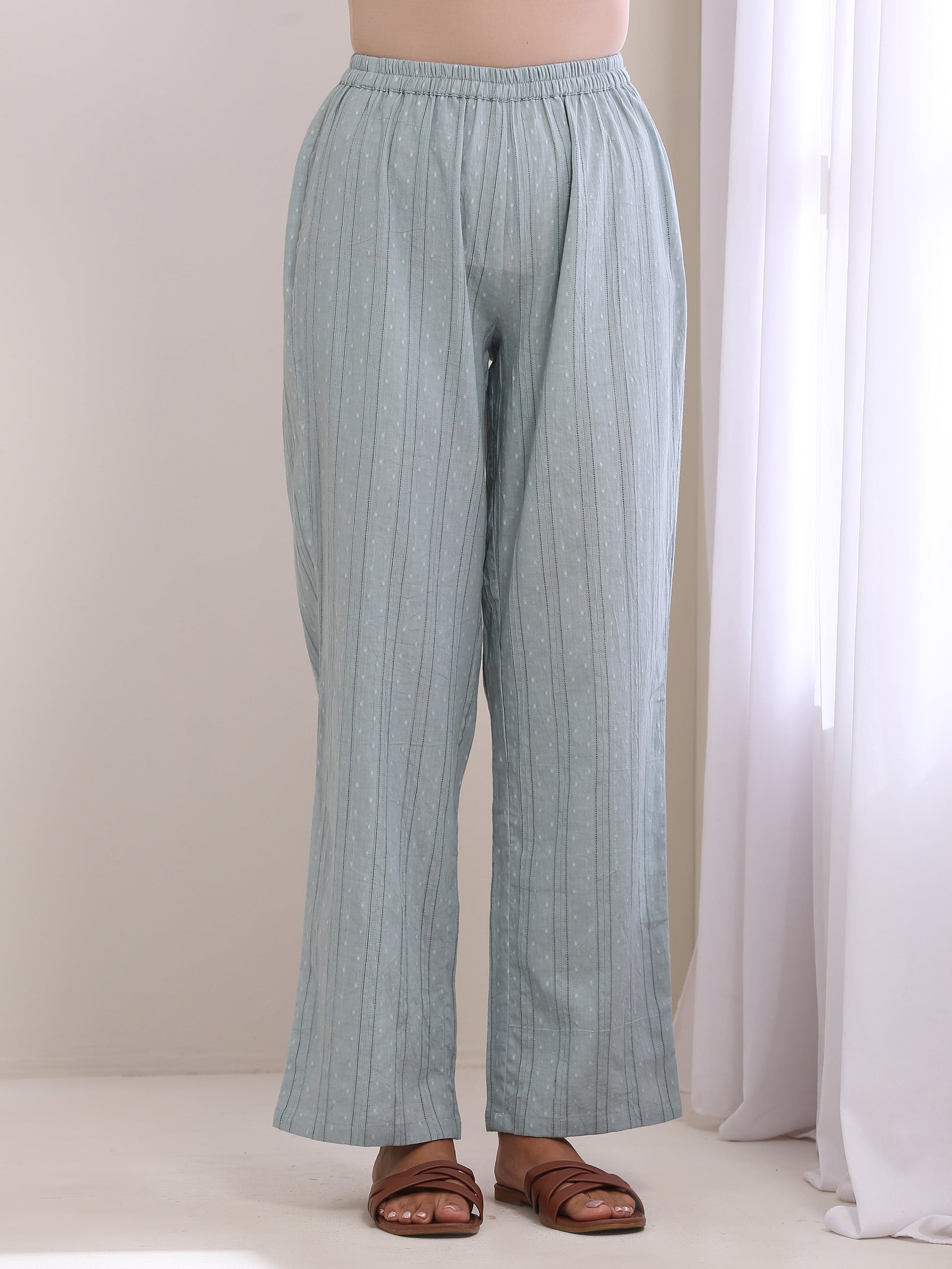 trueBrowns Eggshell Blue Dobby Neck Pleat Kurta Pant Set 