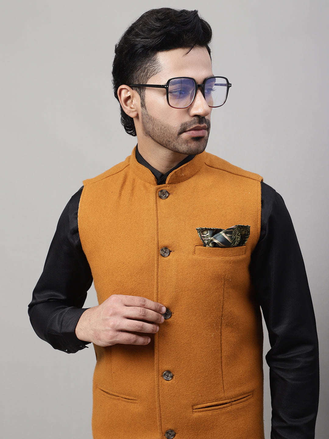 Even Apparels Men's Orange Pure Wool Nehru Jacket 