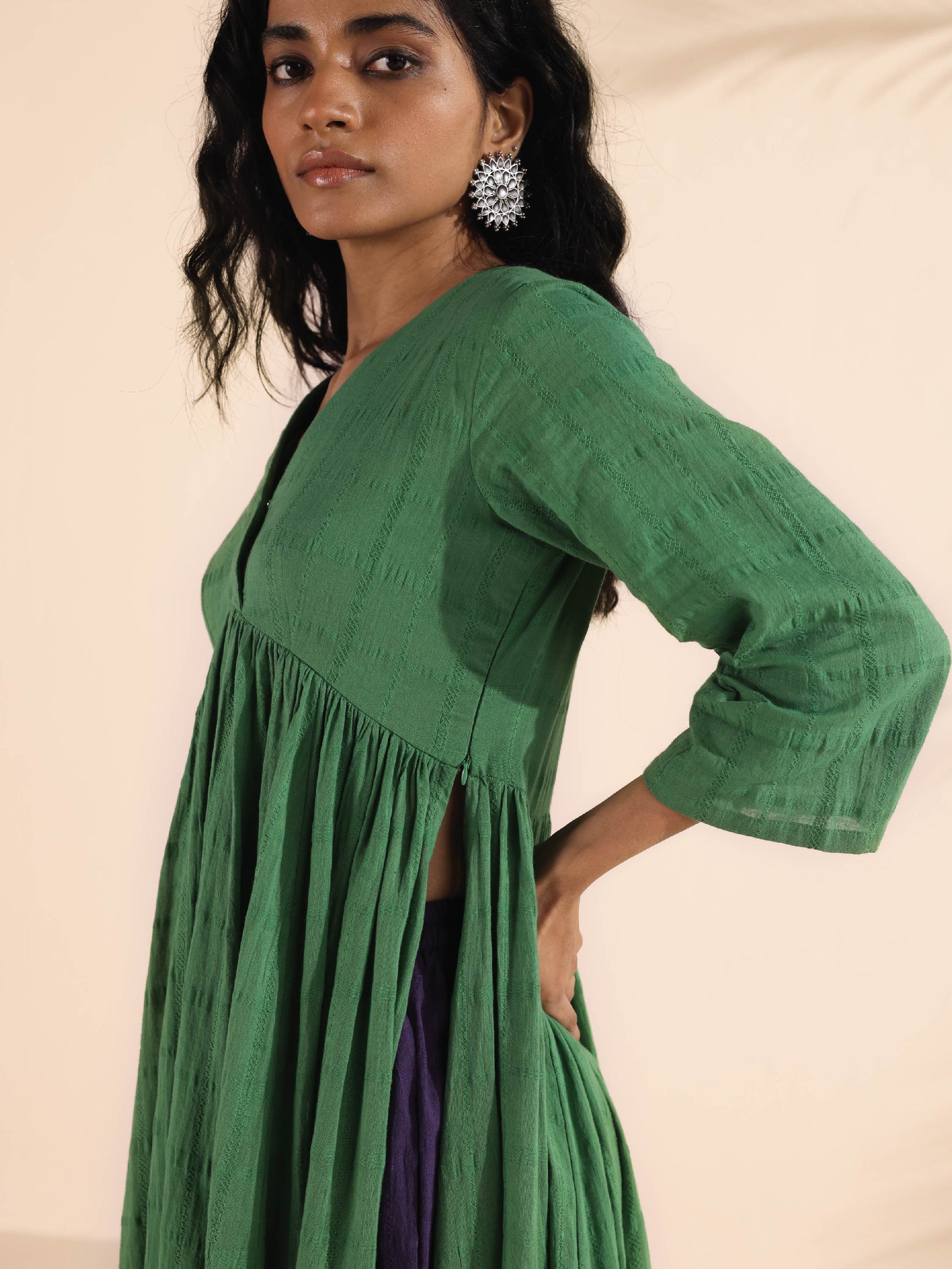 trueBrowns Green Cotton Dobby Flared Kurta Pant Set 