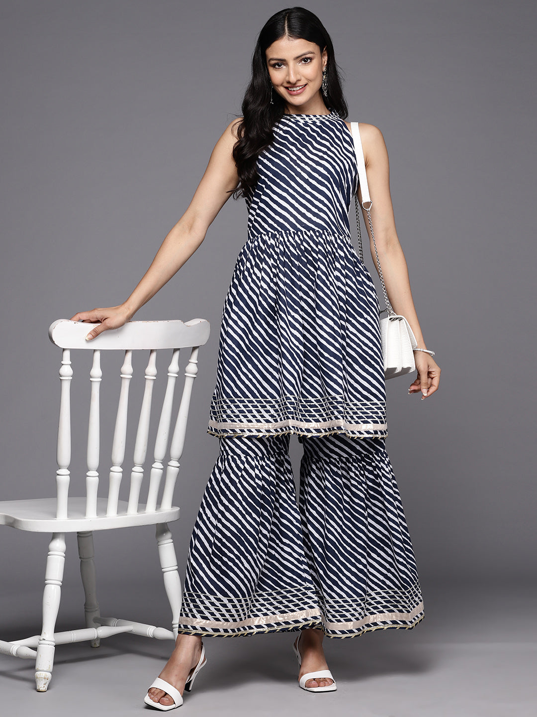 KSUT (House of Varanga) Blue And White Leheriya Halter Neckline Gota Work Kurta With Sharara