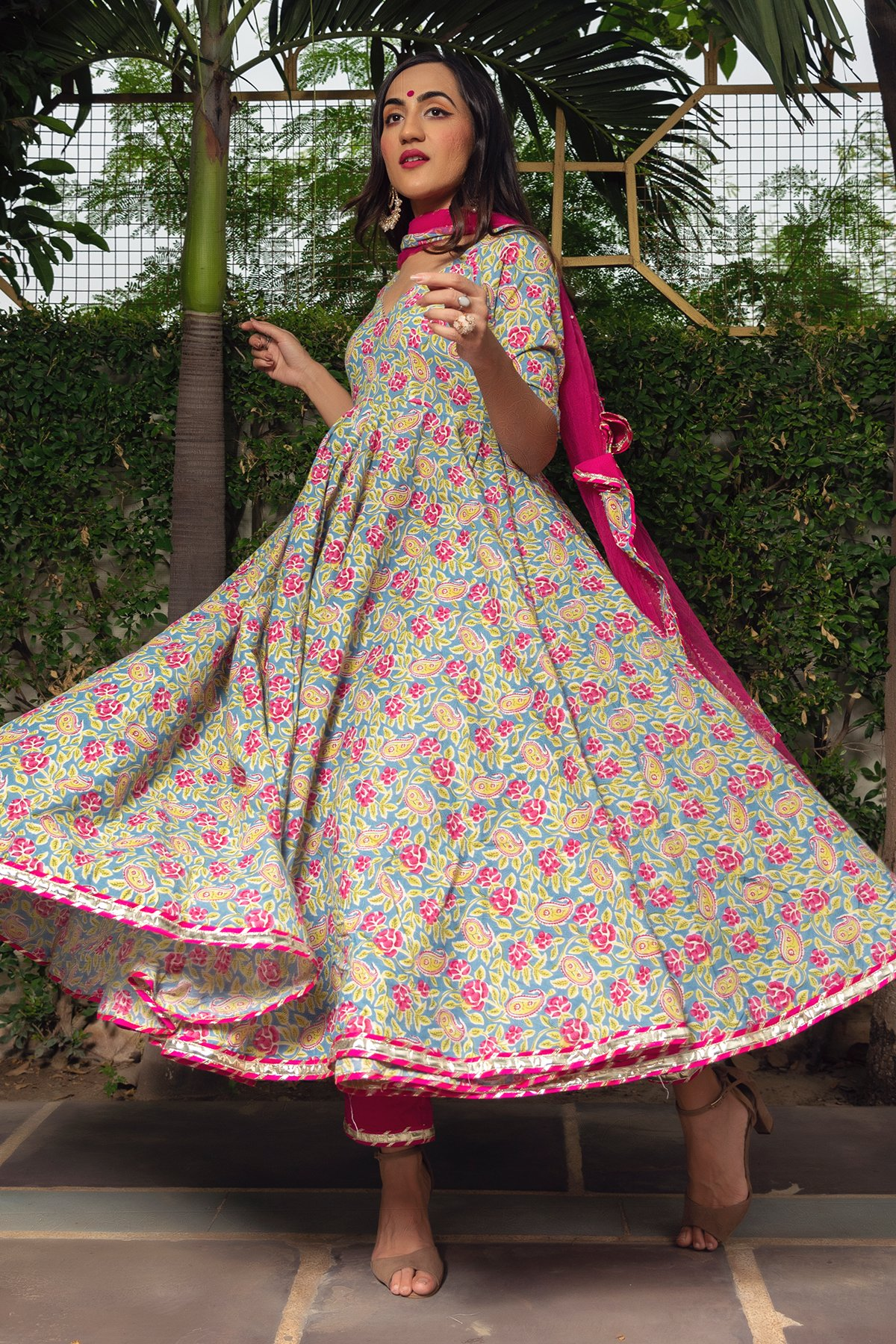 Pomcha Jaipur Jaipuri Hand Block Cotton Anarkali Set 