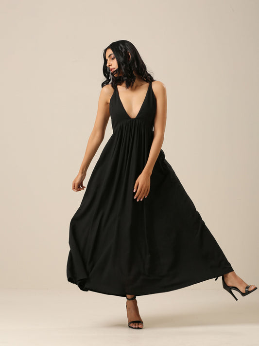 trueBrowns Black Slub Texture Sleeveless Dress 