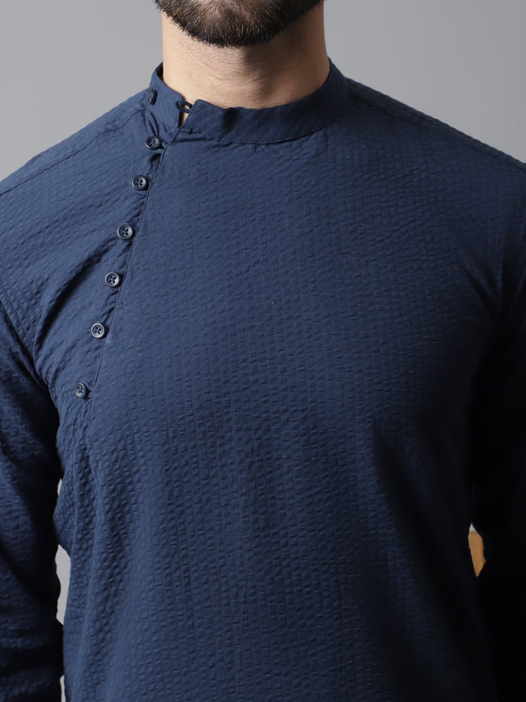 Even Apparels Blue Solid Kurta With Band Collar 