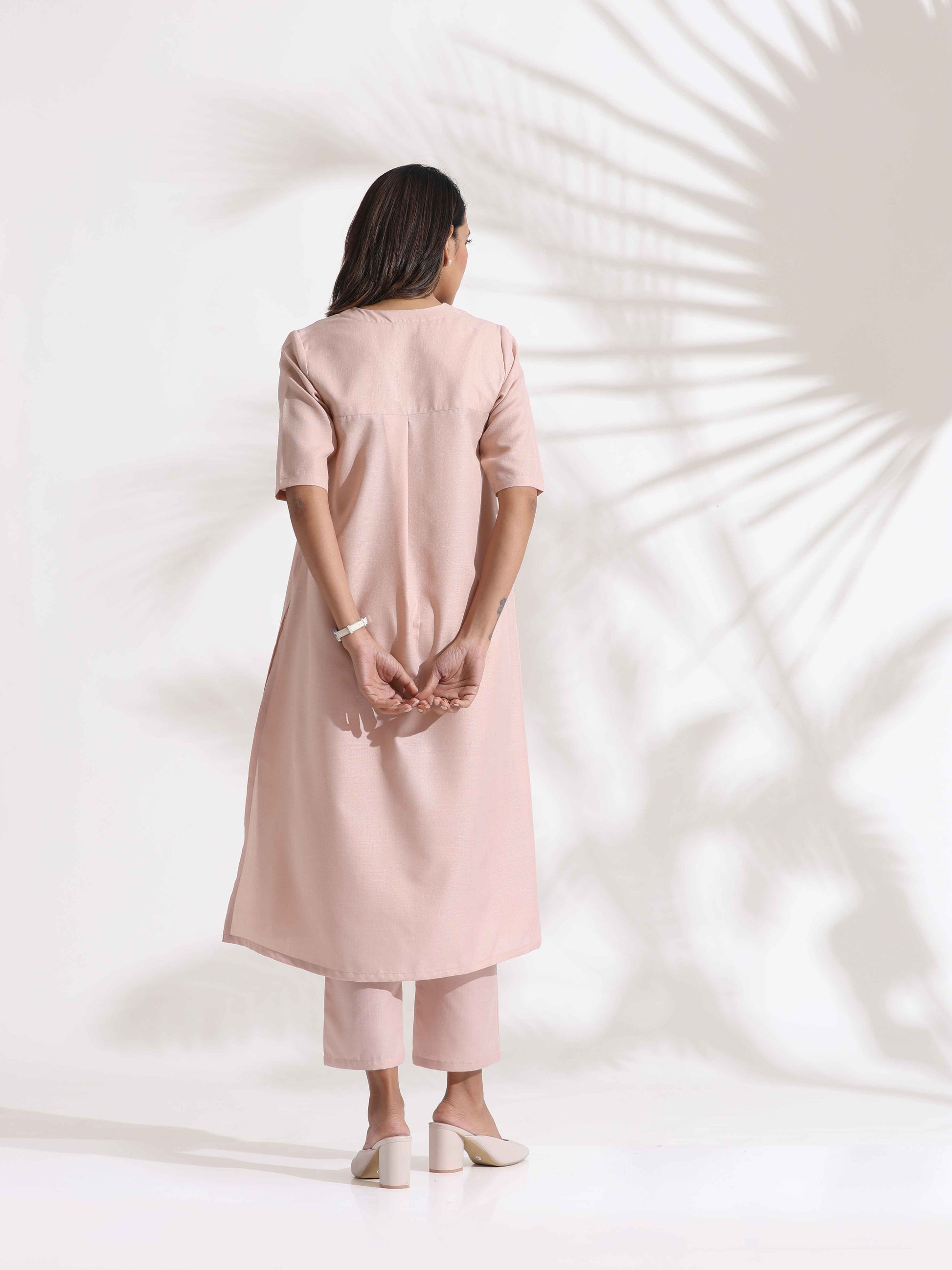 trueBrowns Light Pink Slub Kurta Set 