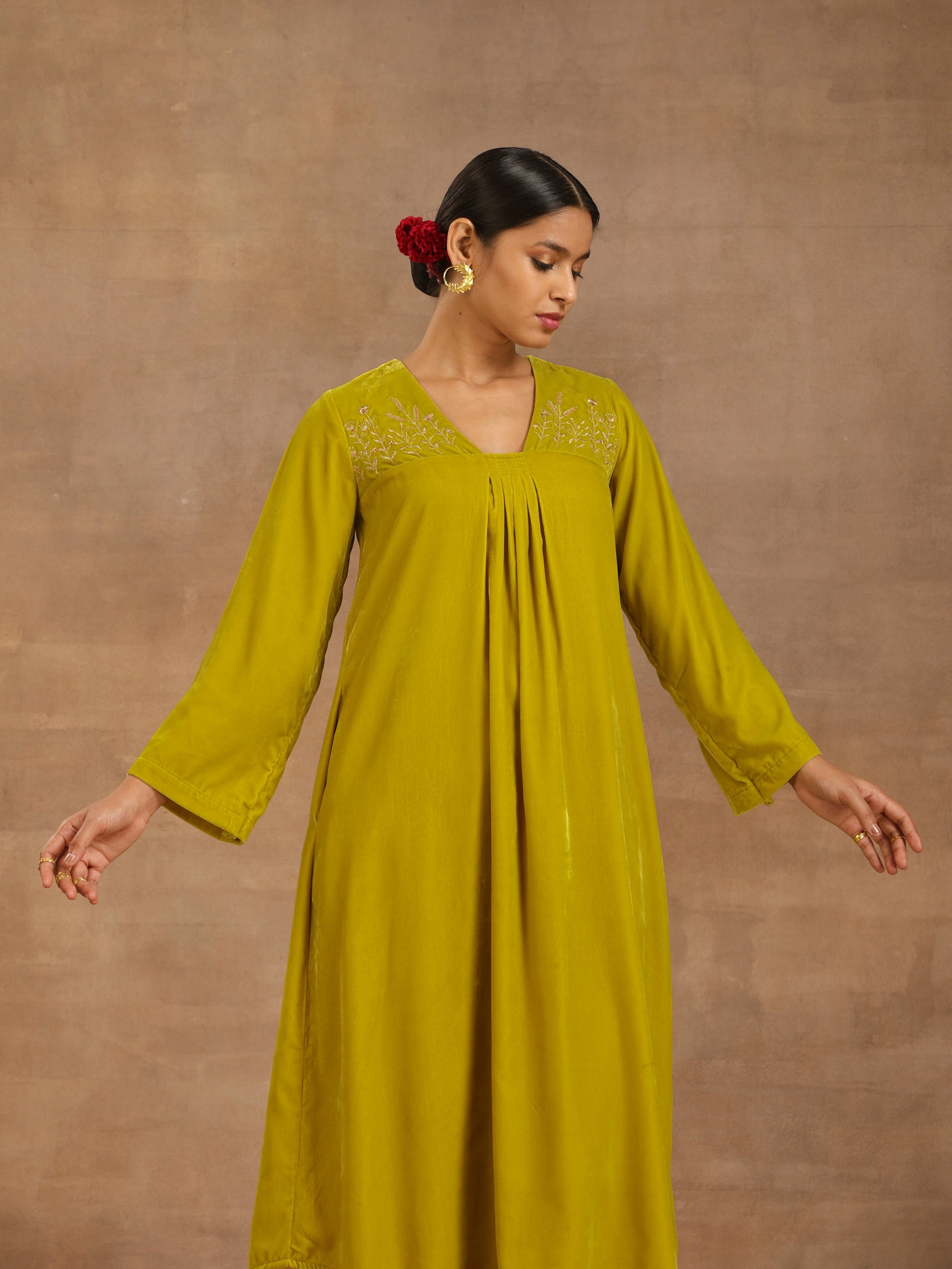 trueBrowns Lime Velvet Yoke Embroidered Kurta 