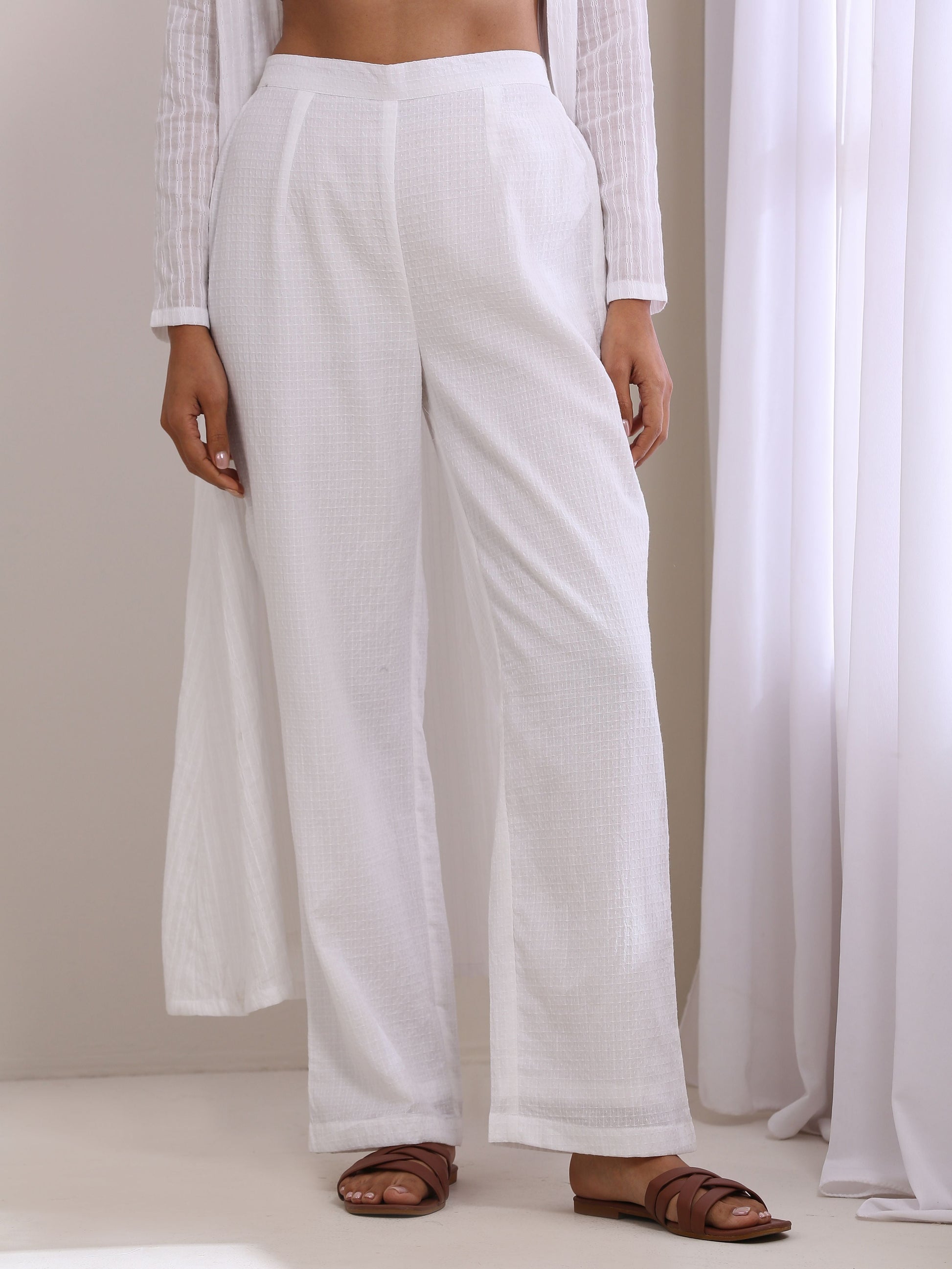 trueBrowns White Dobby Overlay Jacket Blouse Pant Set 
