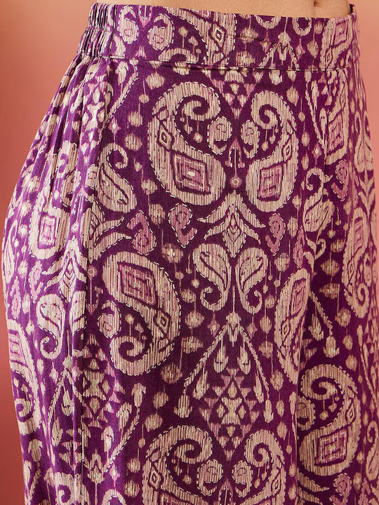 InWeave Dusty Mauve Paisley Round Neck Kurta Short Palazzo Set 