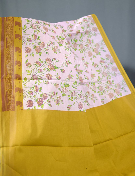 Block Print Baby Pink Dry Mehendi Combo Mulmul Cotton Saree By Gayathri Reddy Designer Studio - Grab2buy