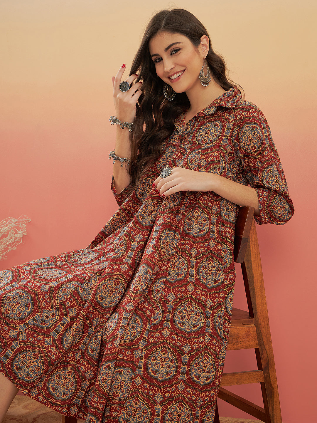 InWeave Women's Maroon Mughal Kalamkari Flared Dress 