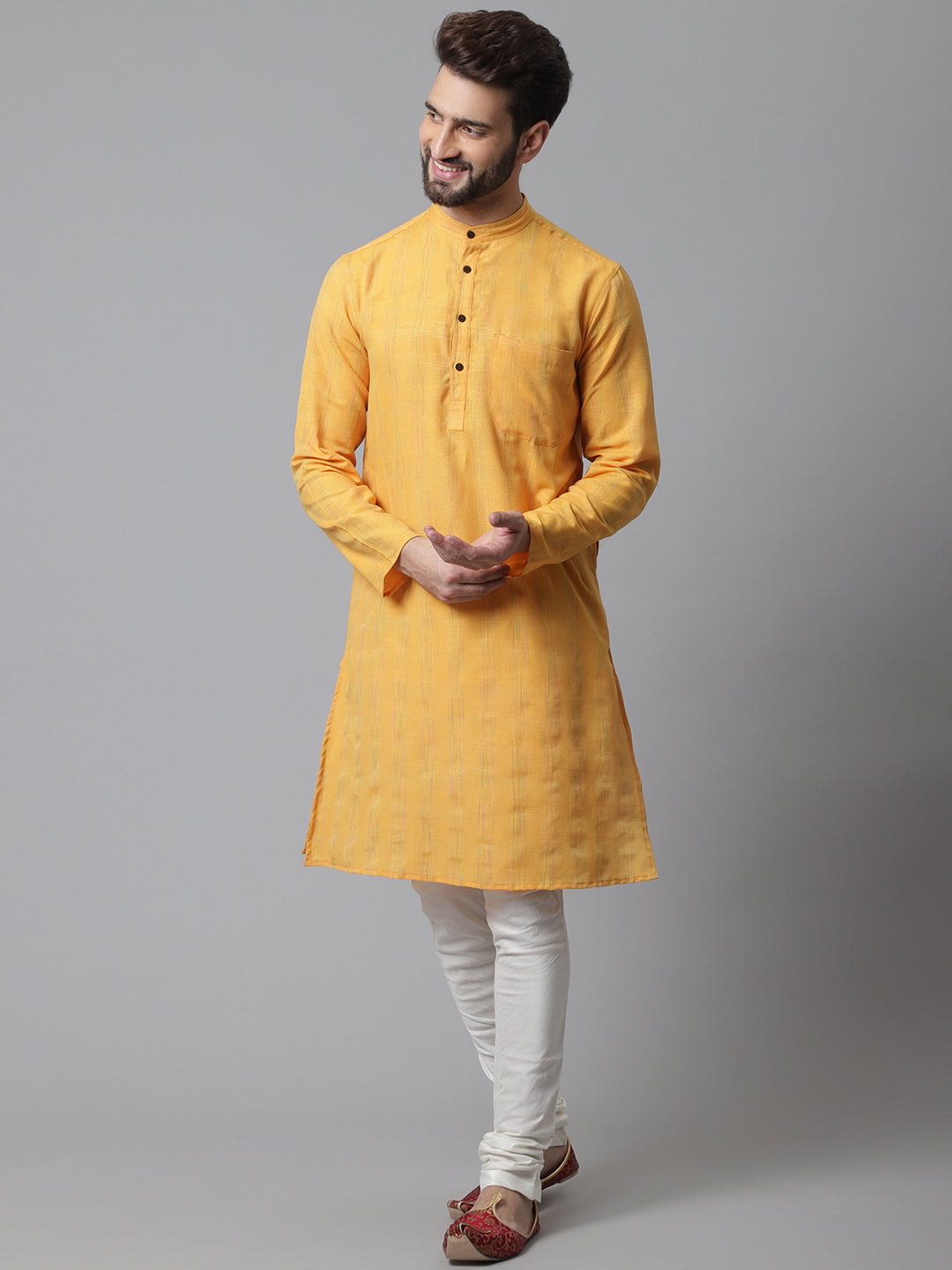 Even Apparels Yellow Kurta With Band Collar 