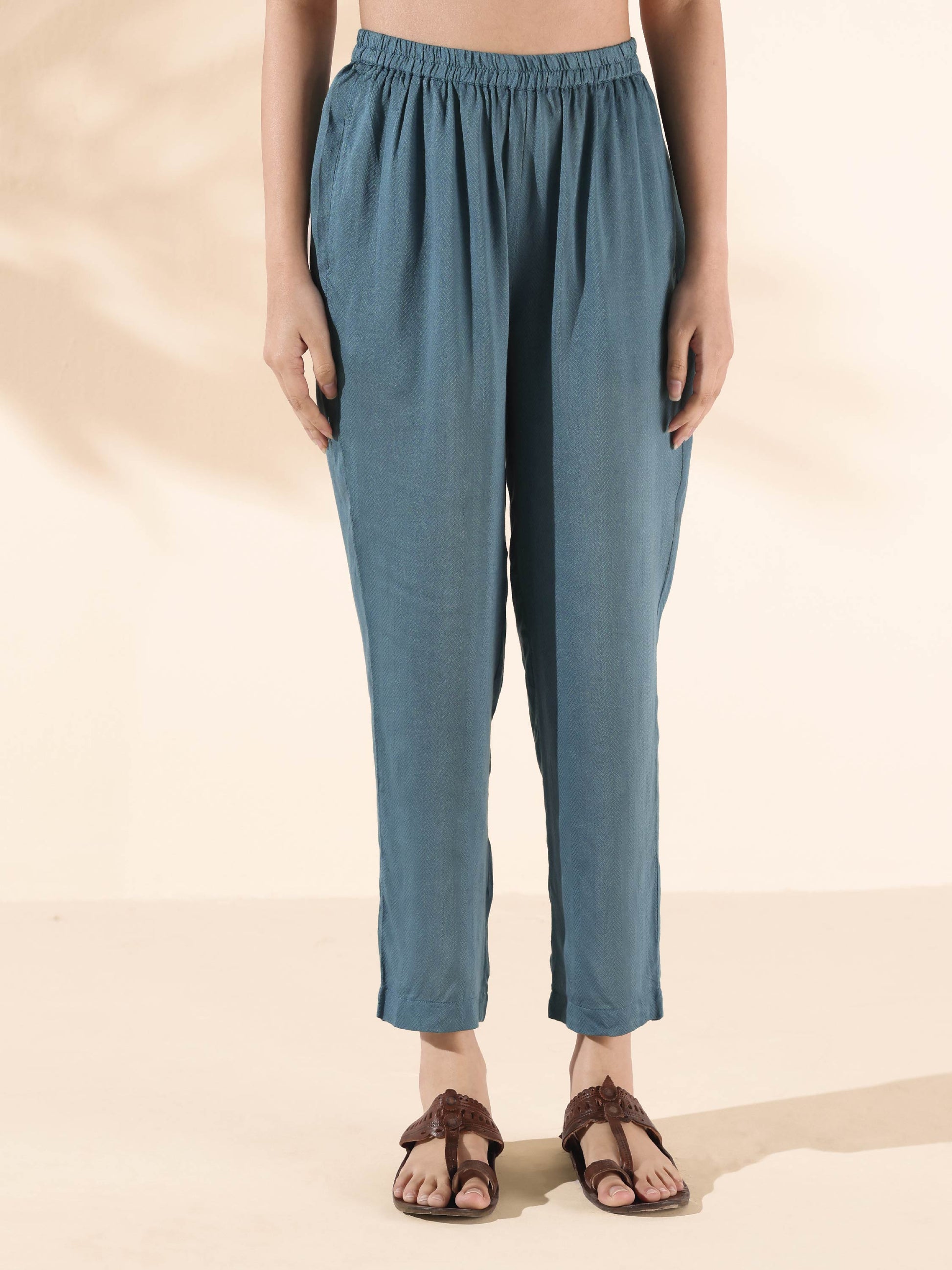 trueBrowns Turquoise Viscose Dobby Flared Kurta Pant Set 